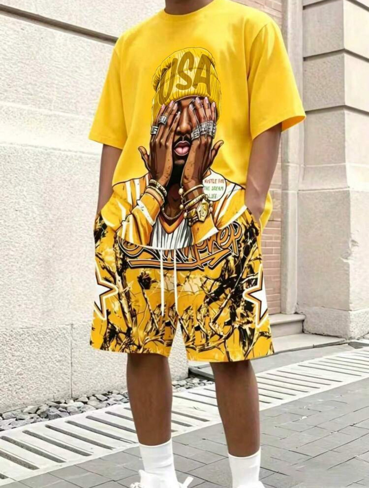 HUSTLE FOR THE DREAM LIFE Men's Streetwear Character Graphic T-Shirt and Pink Camo Shorts Two-Piece Summer Set 2