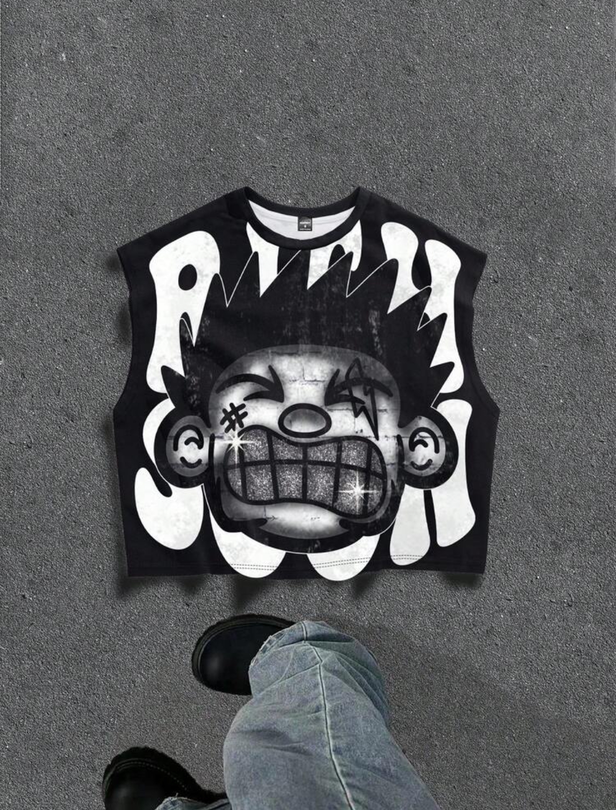Men's Streetwear Spiky Hair Cartoon Character Graphic Printed Black Sleeveless Tank Top