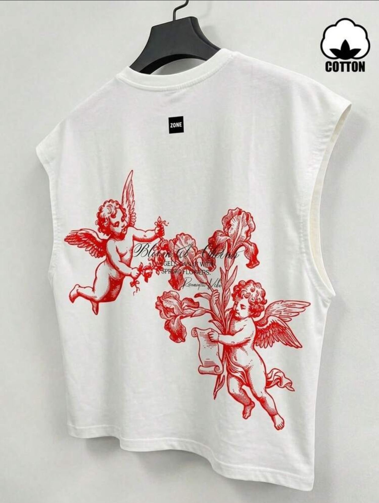 ANGELS DANCE WITH SPRING FLOWERS Romantic Vibe Men's Streetwear Renaissance Cherub Graphic Printed White Sleeveless Tank Top 3