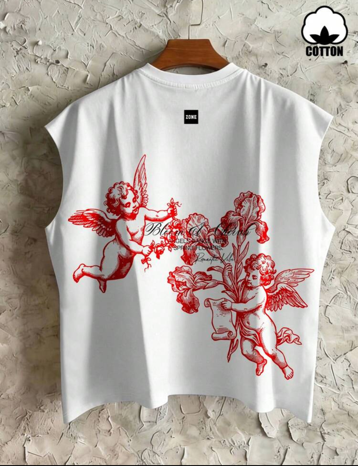 ANGELS DANCE WITH SPRING FLOWERS Romantic Vibe Men's Streetwear Renaissance Cherub Graphic Printed White Sleeveless Tank Top
