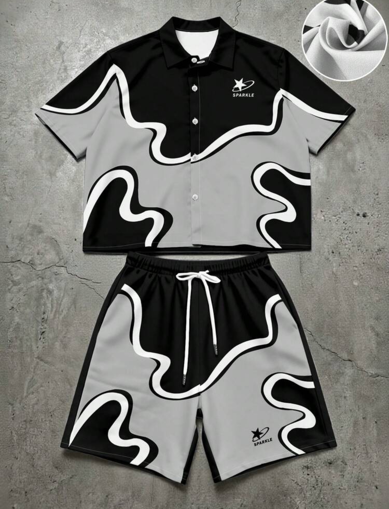 SPARKLE Men's Streetwear Y2K Abstract Wavy Camo Printed Shirt and Shorts Coordinated Summer Two-Piece Set