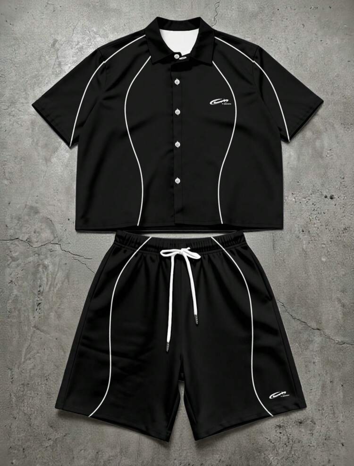 Chance Men's Streetwear Minimalist Contrast Piping Short Sleeve Button-Down Shirt and Shorts Coordinated Summer Two-Piece Set