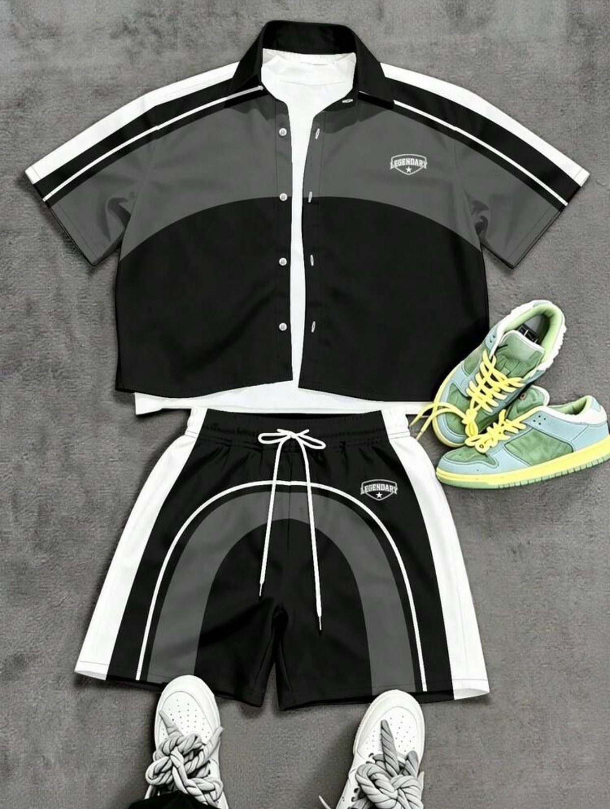 LEGENDARY Men's Streetwear Color-Block Arched Piping Short Sleeve Button-Down Shirt and Shorts Coordinated Summer Two-Piece Set