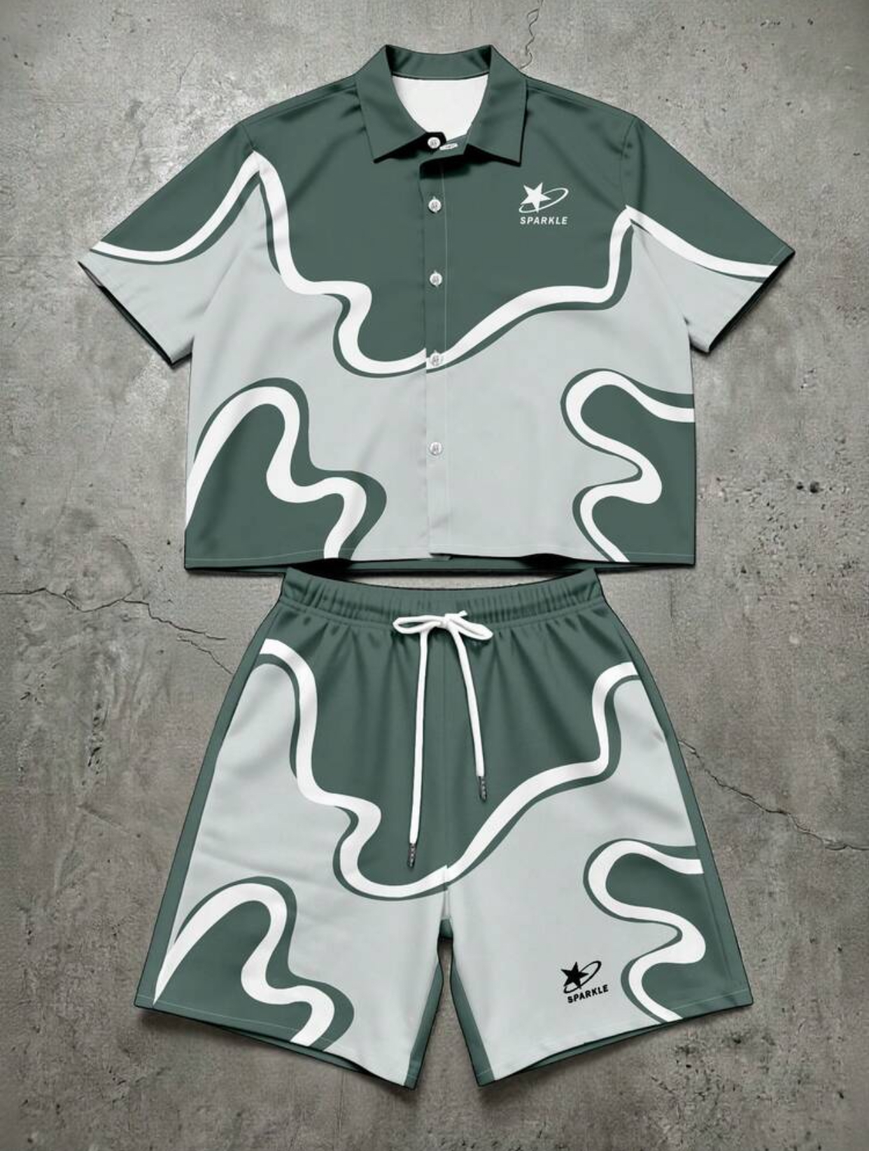 SPARKLE Men's Streetwear Y2K Abstract Wavy Camo Printed Shirt and Shorts Coordinated Summer Two-Piece Set