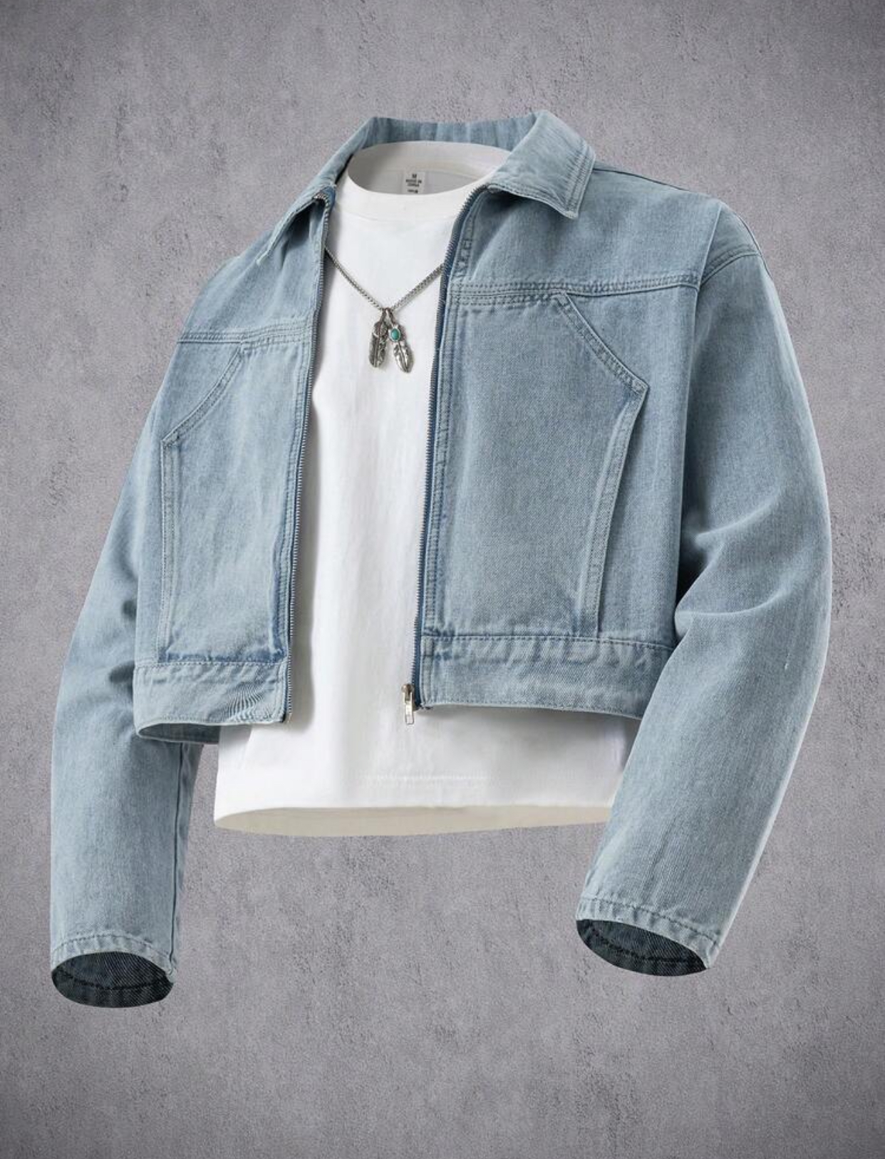 Denim Men's Streetwear Vintage Wash Grey Cropped Denim Jacket with Front Zipper and Oversized Pockets