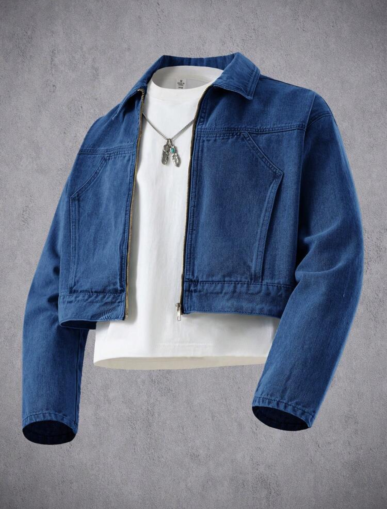 Denim Men's Streetwear Vintage Wash Grey Cropped Denim Jacket with Front Zipper and Oversized Pockets 2