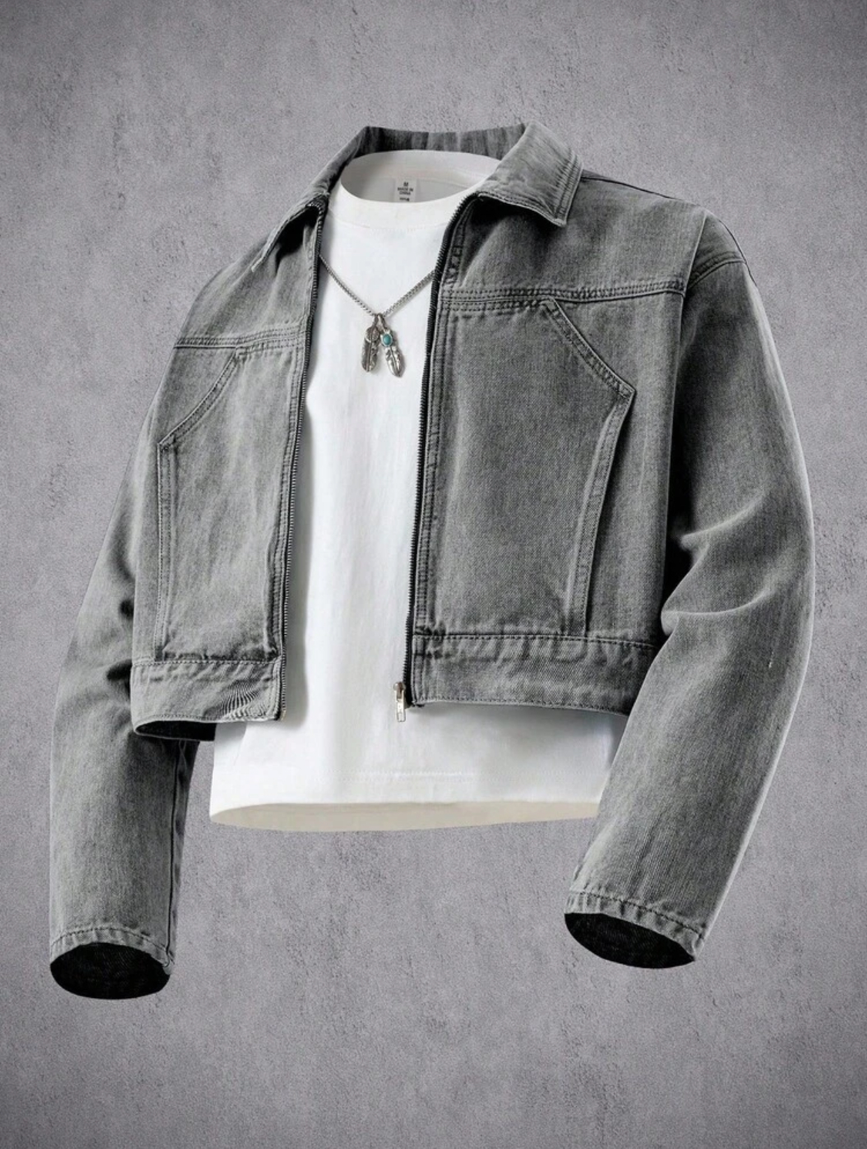 Denim Men's Streetwear Vintage Wash Grey Cropped Denim Jacket with Front Zipper and Oversized Pockets 3