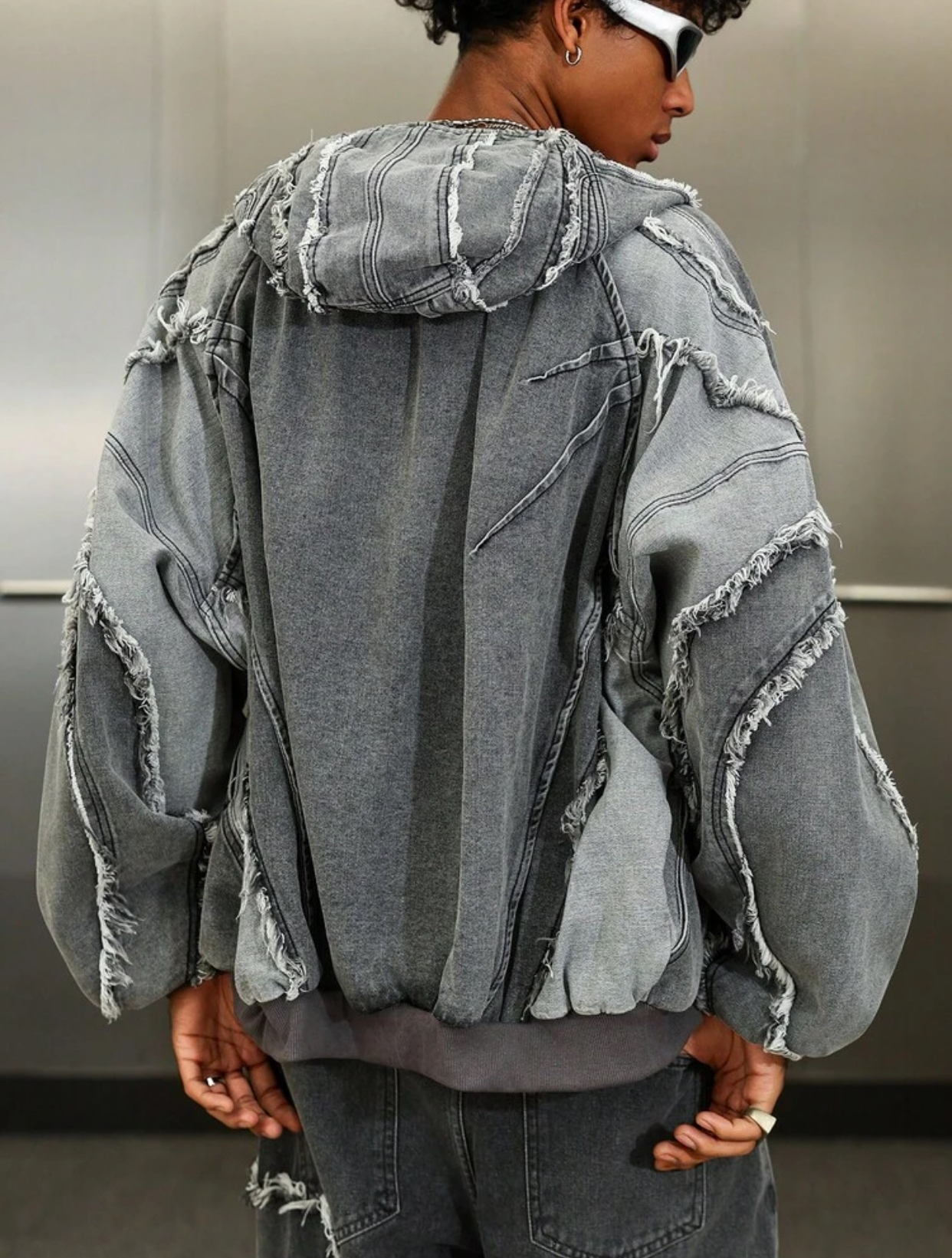 Distressed Patchwork Denim Bomber Men's Streetwear Deconstructed Patchwork Frayed Grey Denim Full-Zip Hooded Bomber Jacket 3