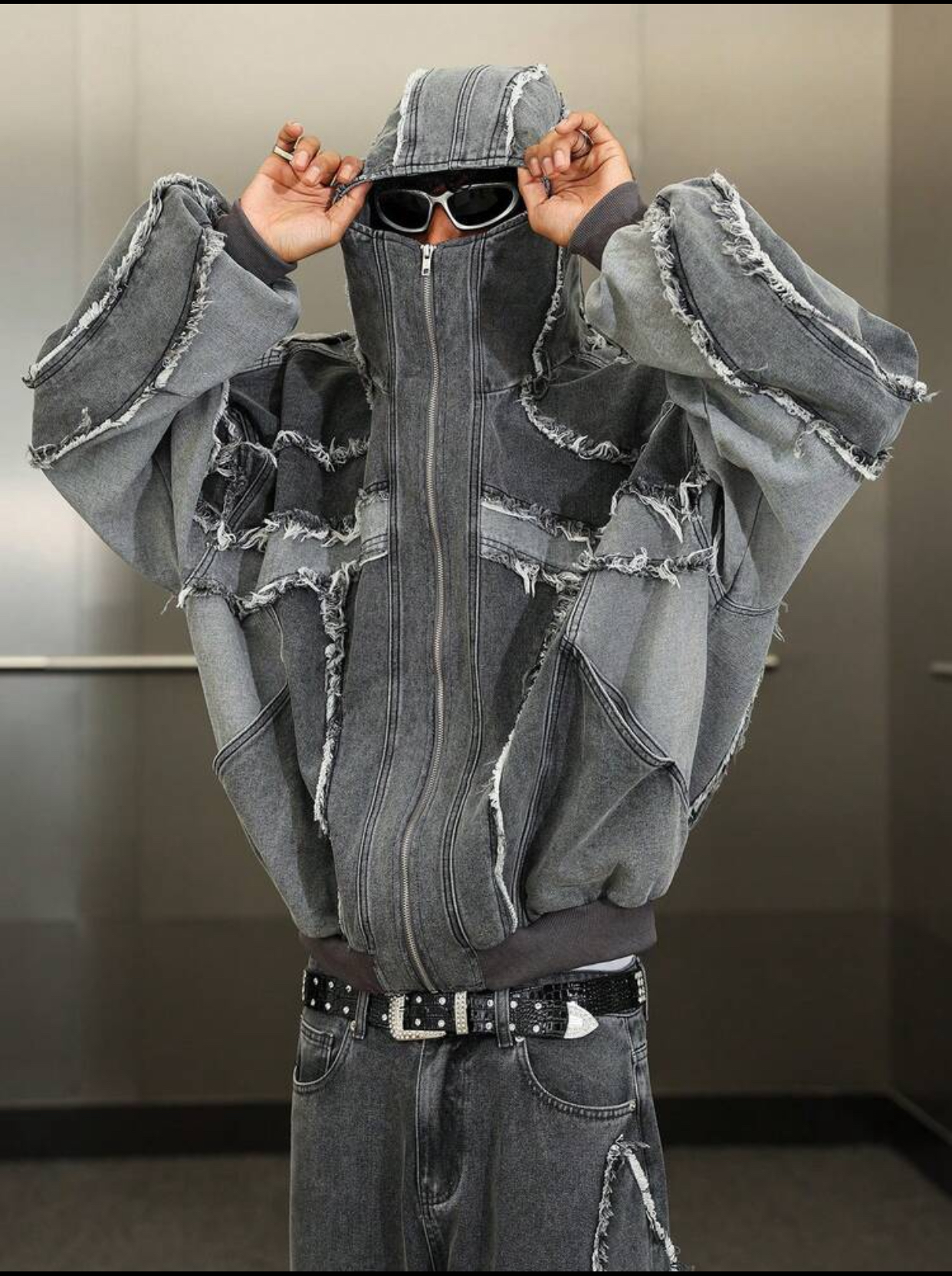 Distressed Patchwork Denim Bomber Men's Streetwear Deconstructed Patchwork Frayed Grey Denim Full-Zip Hooded Bomber Jacket 2