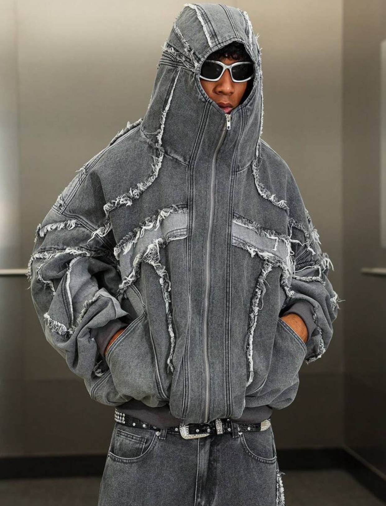 Distressed Patchwork Denim Bomber Men's Streetwear Deconstructed Patchwork Frayed Grey Denim Full-Zip Hooded Bomber Jacket