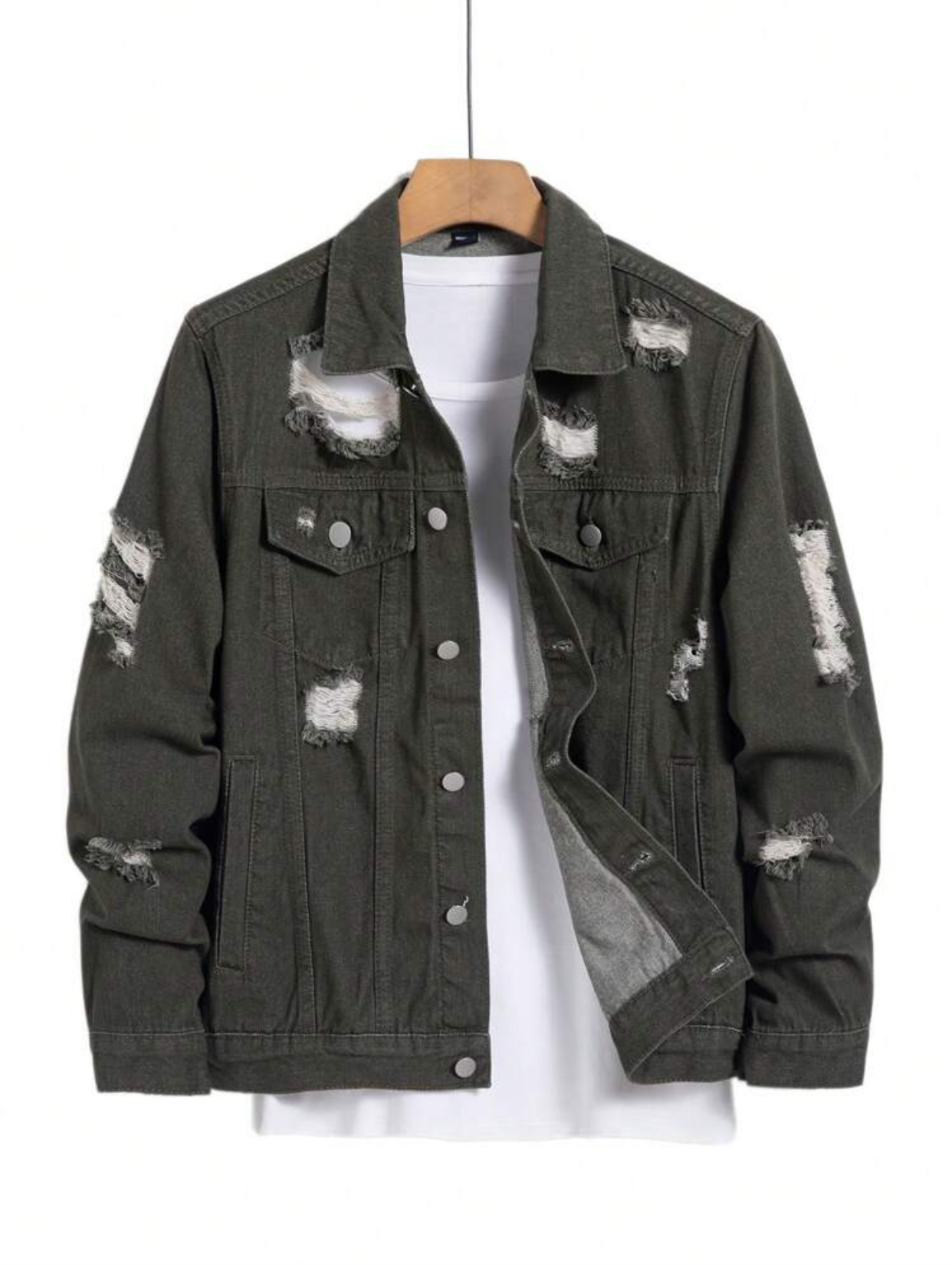 Men's Streetwear Heavily Distressed Ripped Army Green Denim Jacket with Frayed Patch Details 3