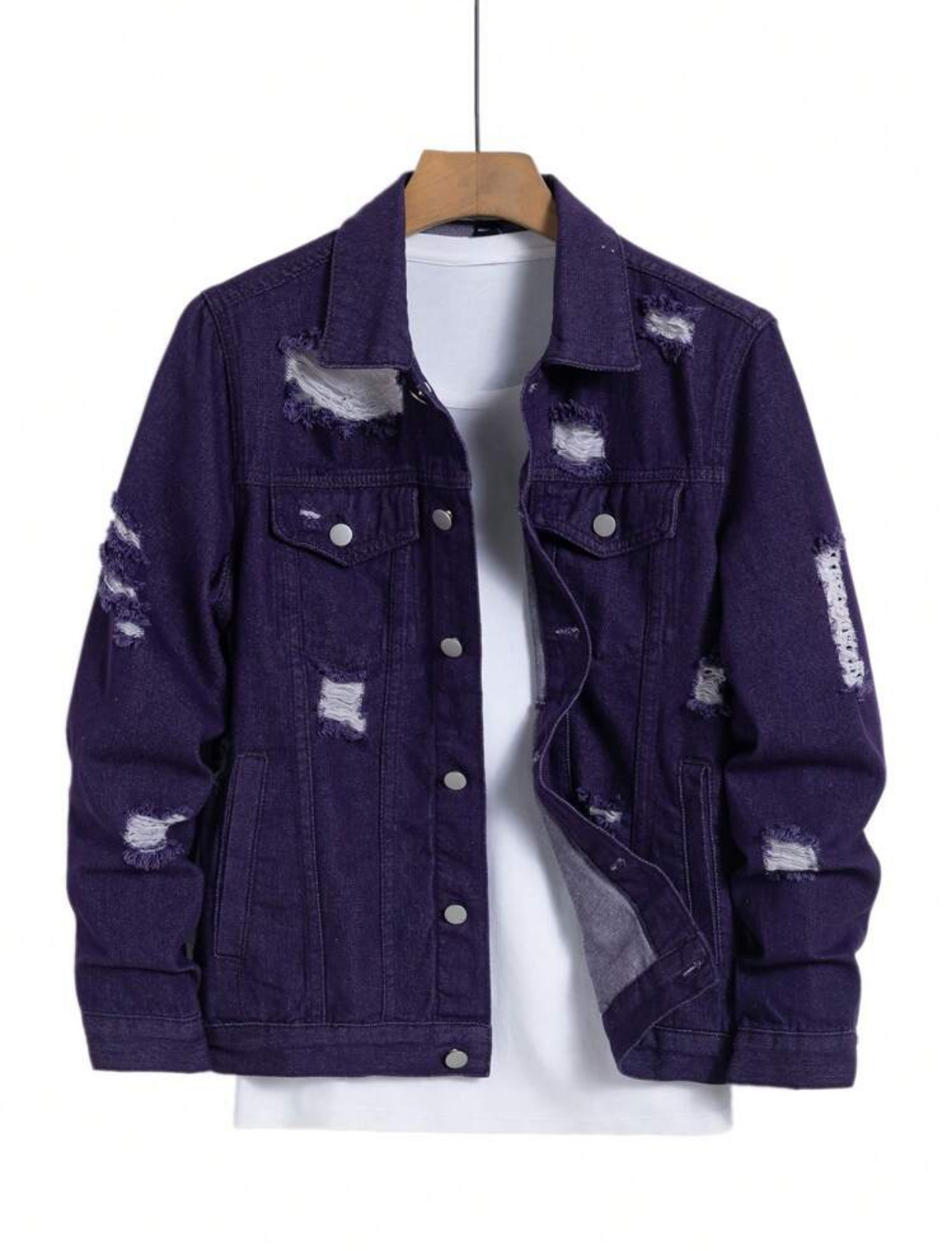 Men's Streetwear Heavily Distressed Ripped Army Green Denim Jacket with Frayed Patch Details 2
