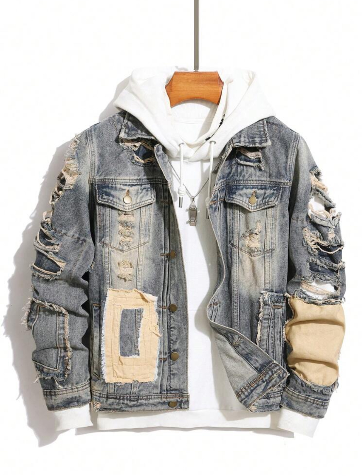 Men's Streetwear Vintage Wash Heavily Distressed Shredded Denim Jacket with Contrast Patchwork Details