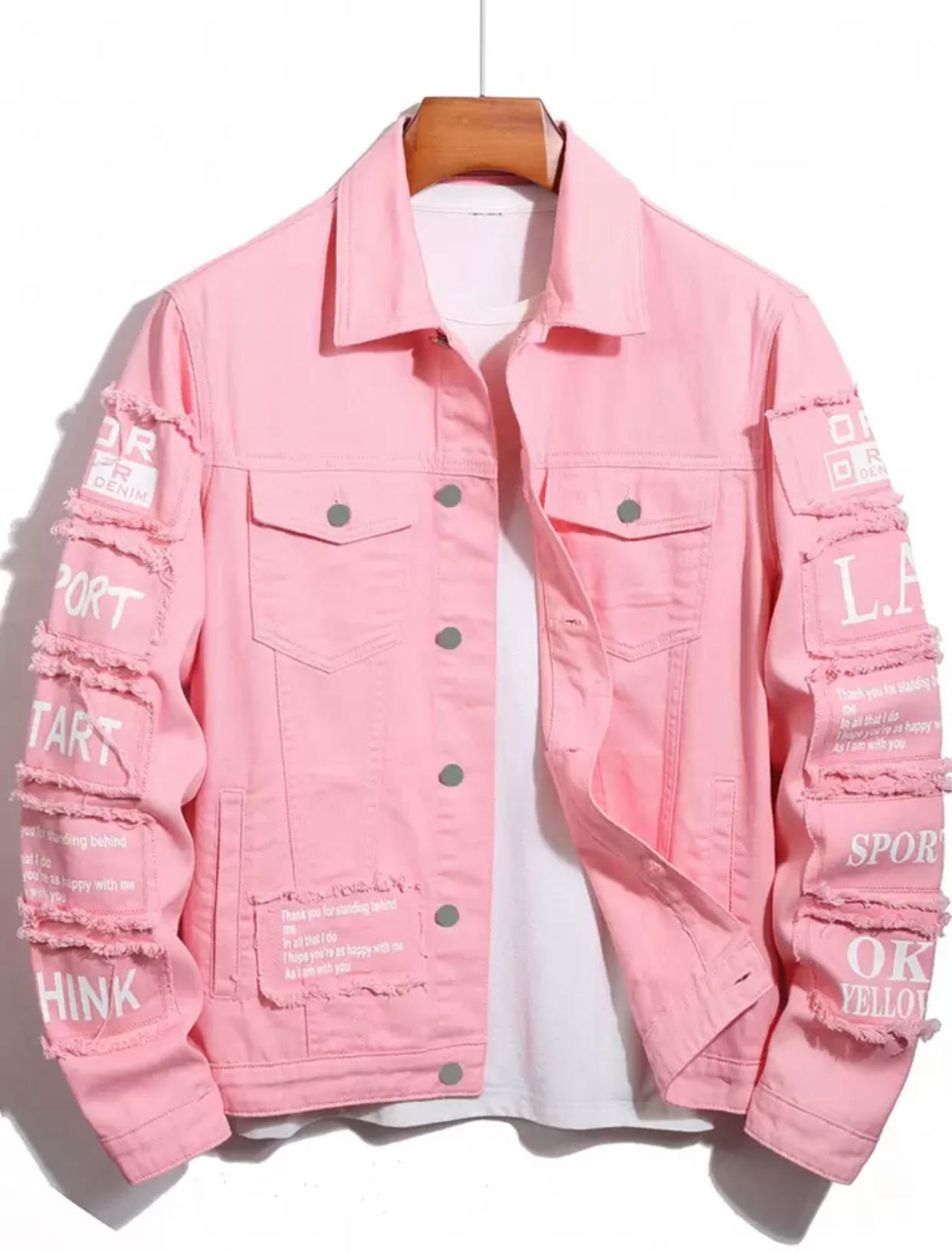 Men's Streetwear Deconstructed Patchwork Frayed Pink Denim Jacket with Graphic Text Panels