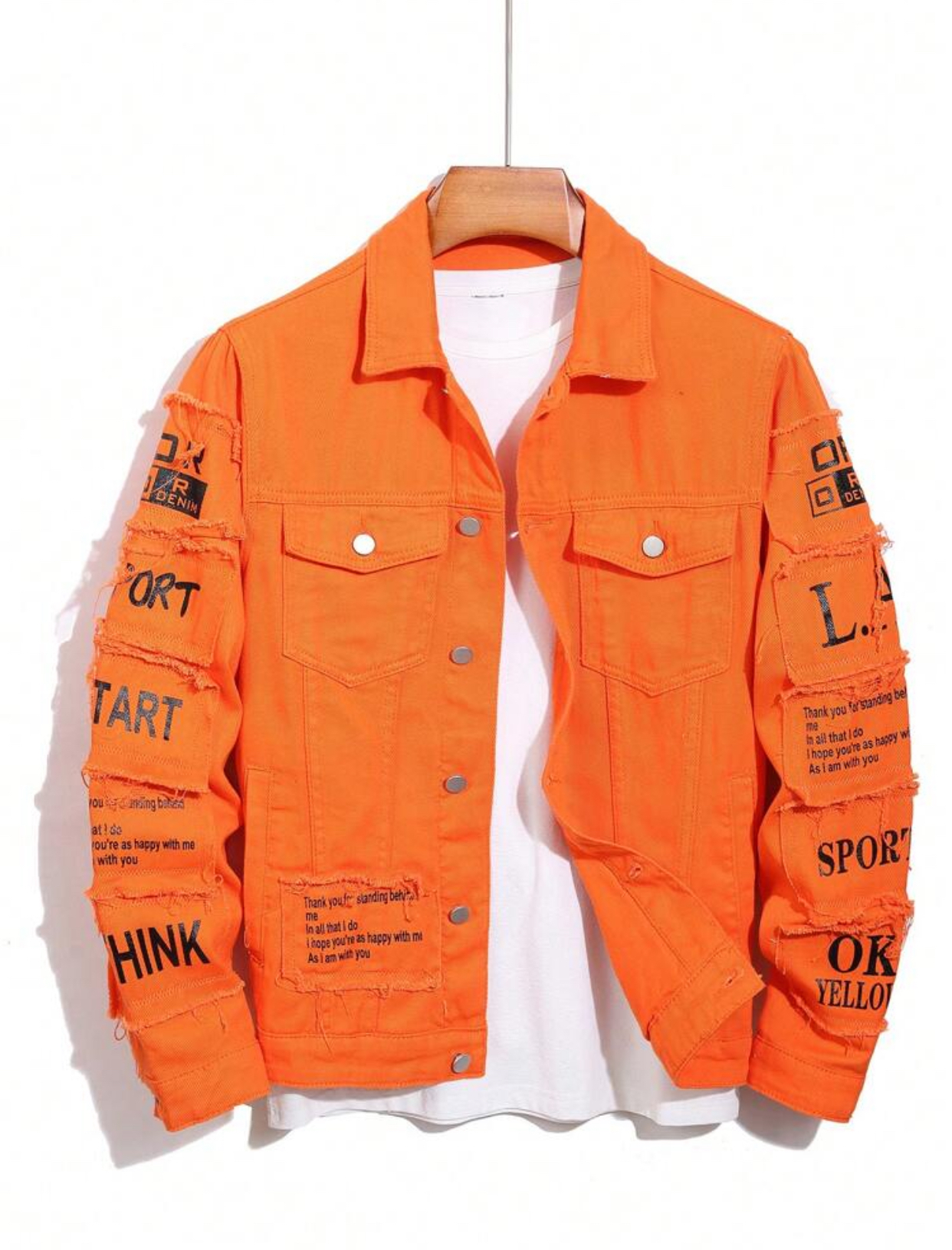 Men's Streetwear Deconstructed Patchwork Frayed Pink Denim Jacket with Graphic Text Panels 2