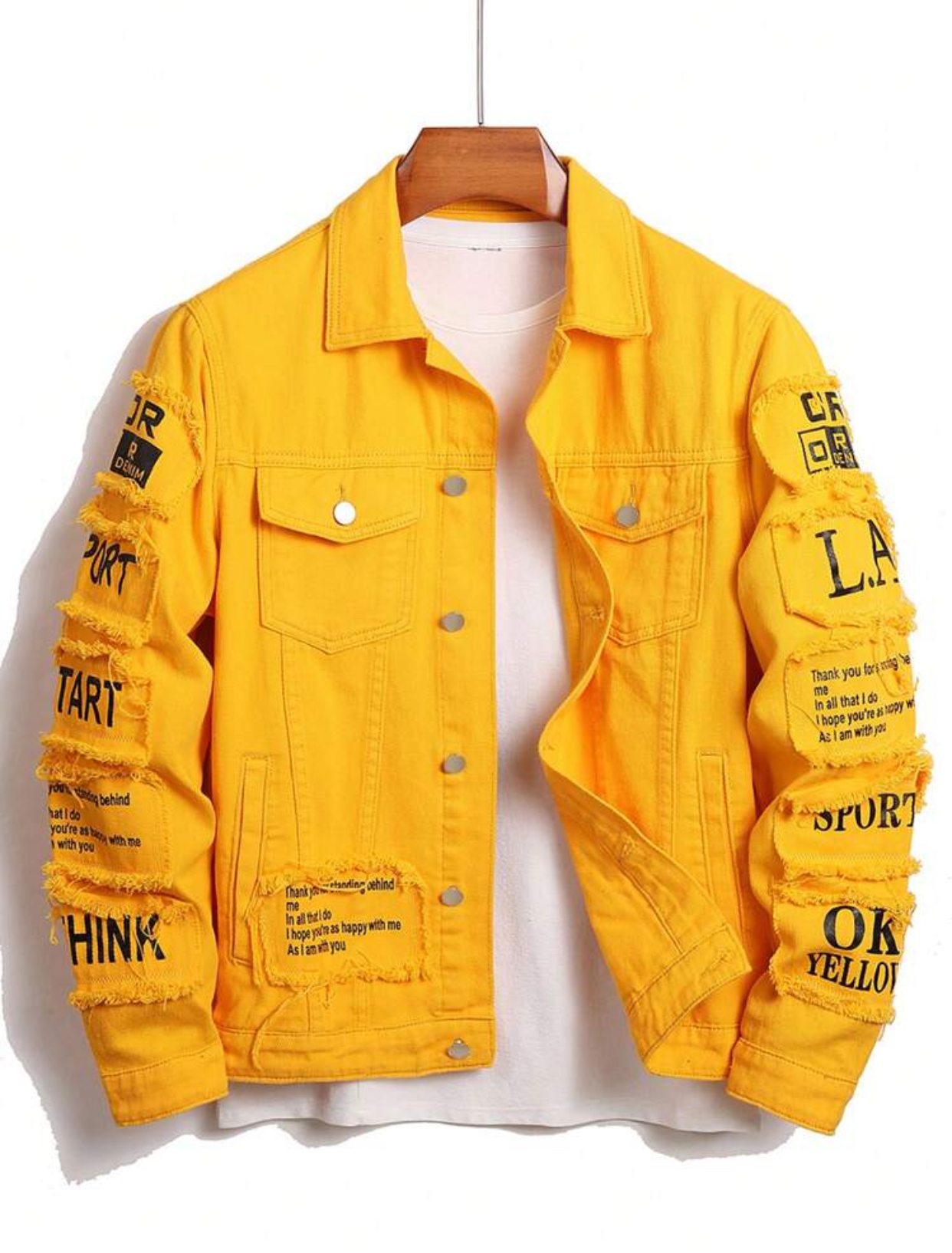 Men's Streetwear Deconstructed Patchwork Frayed Pink Denim Jacket with Graphic Text Panels 3