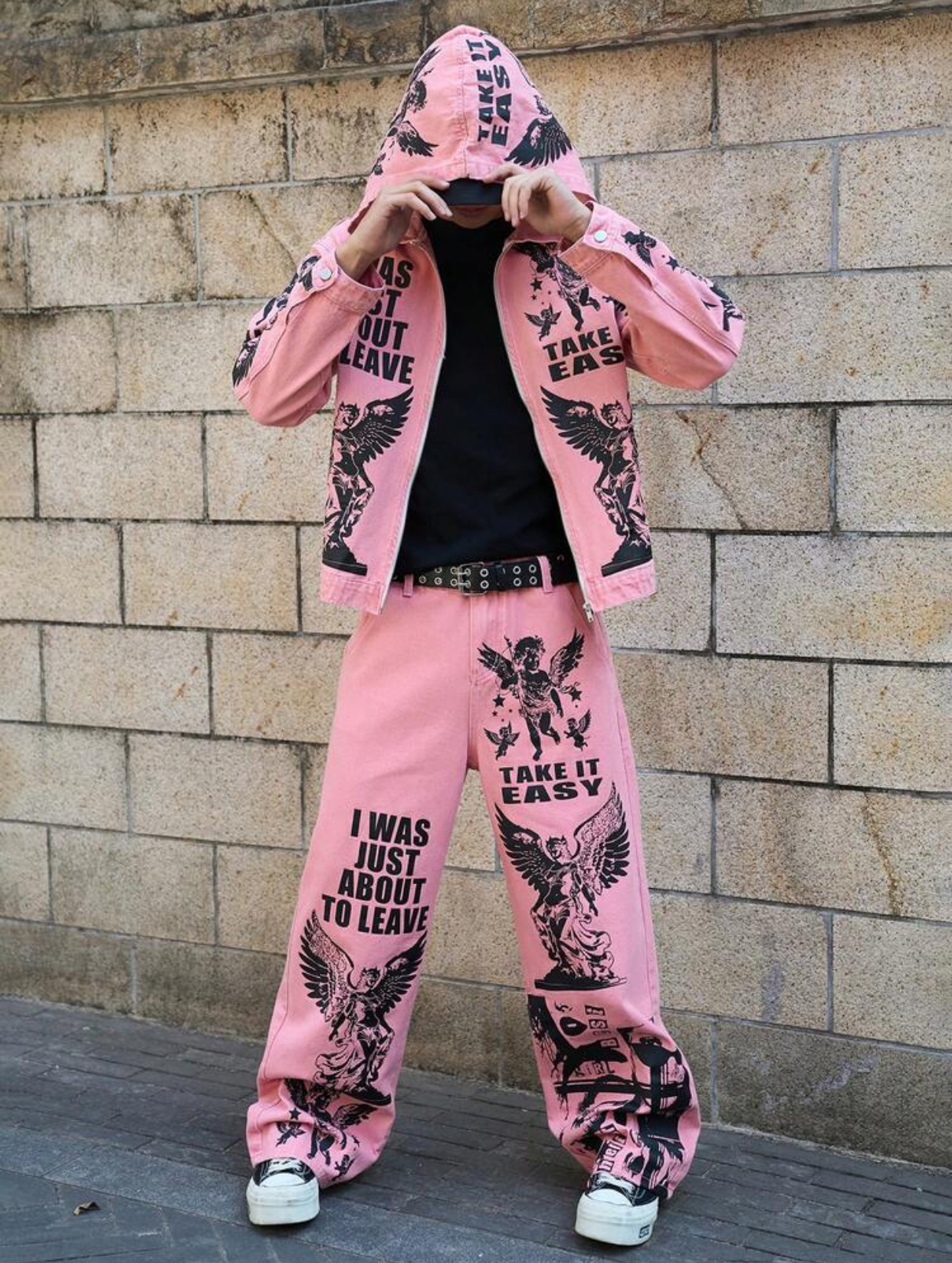 I WAS JUST ABOUT TO LEAVE TAKE IT EASY Men's Streetwear Renaissance Angel Graphic Print Pink Hooded Denim Jacket and Wide Leg Jeans Two-Piece Set