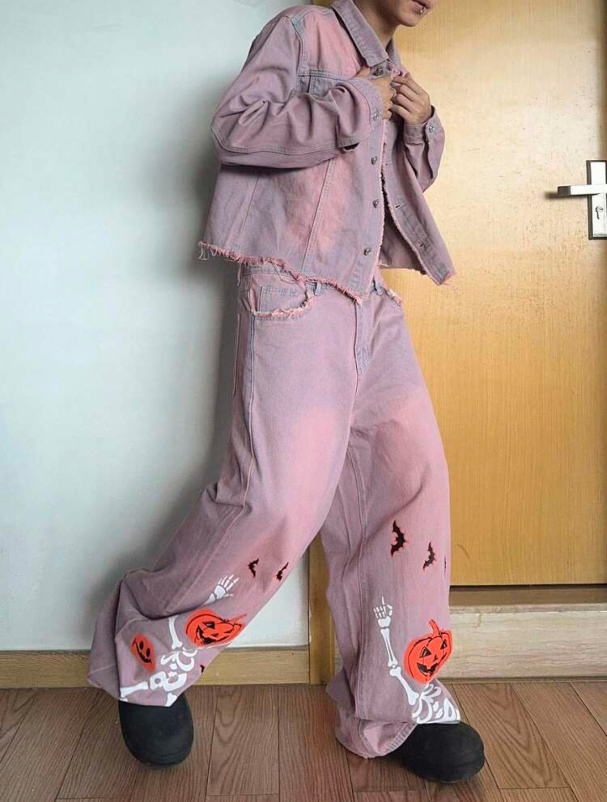 Halloween Pumpkin Men's Streetwear Y2K Vintage Pink Acid Wash Denim Jacket and Wide Leg Halloween Pumpkin Skeleton Patchwork Jeans Two-Piece Set 3