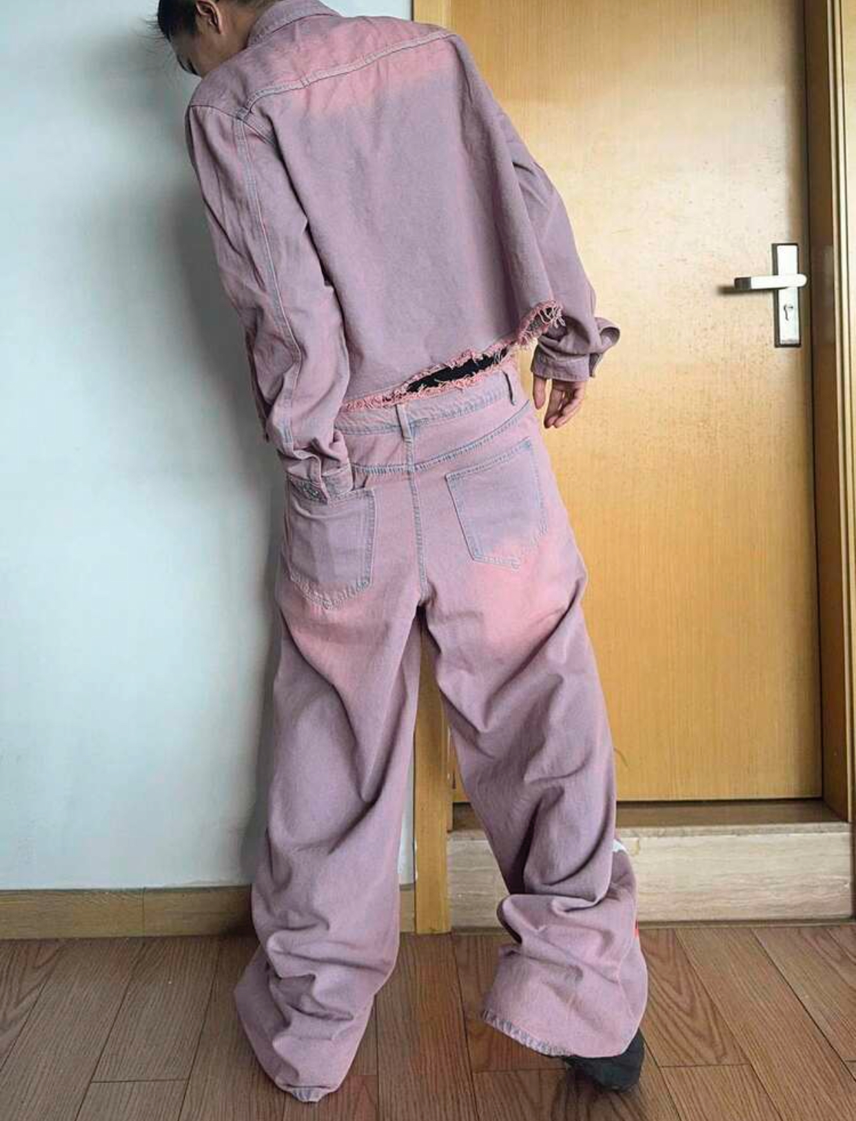 Halloween Pumpkin Men's Streetwear Y2K Vintage Pink Acid Wash Denim Jacket and Wide Leg Halloween Pumpkin Skeleton Patchwork Jeans Two-Piece Set 2