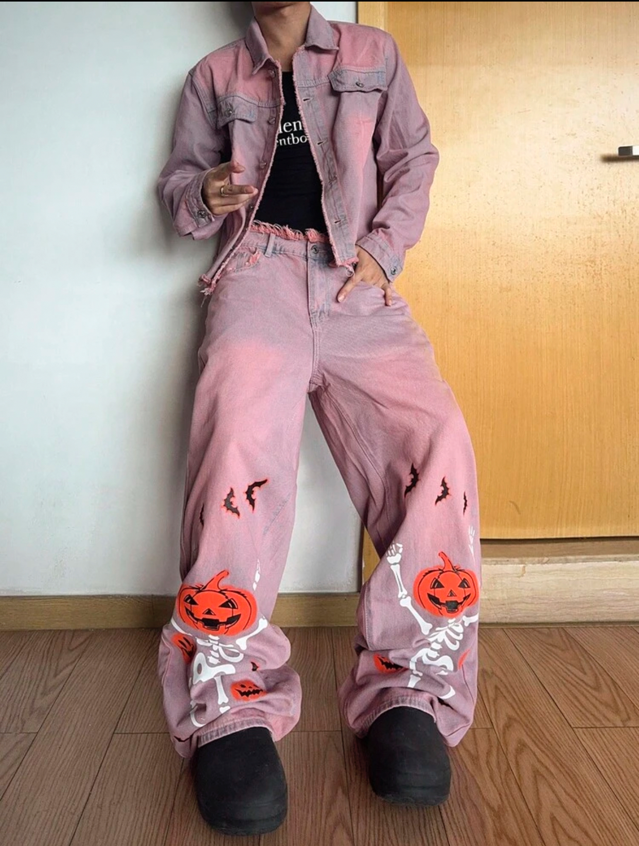 Halloween Pumpkin Men's Streetwear Y2K Vintage Pink Acid Wash Denim Jacket and Wide Leg Halloween Pumpkin Skeleton Patchwork Jeans Two-Piece Set