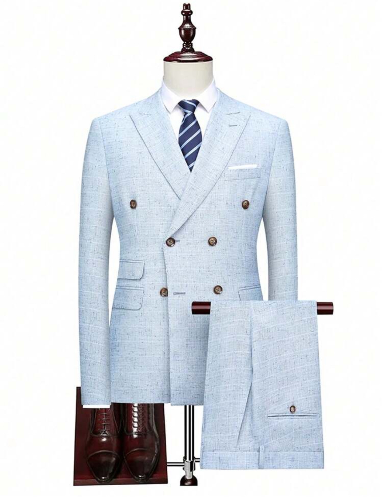 Baby Blue Men's Premium Tailored Double-Breasted Light Baby Blue Textured Suit and Trousers Two-Piece Set