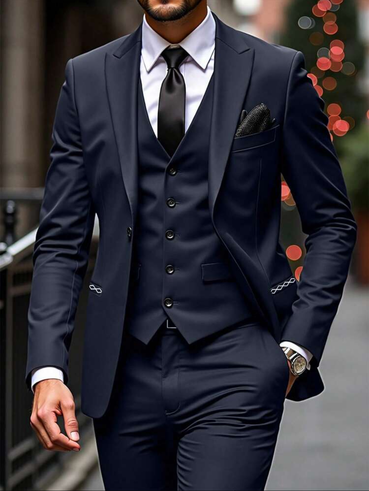 Men's Premium Bespoke Tailored Navy Blue Three-Piece Suit with Vest, Blazer, and Trousers Elegant Formal Set