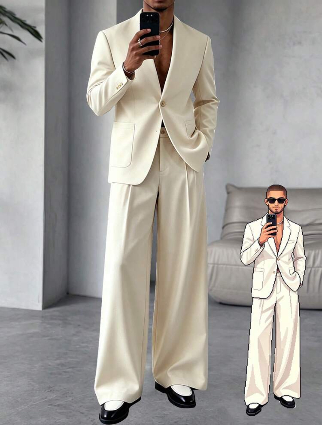 Onitsha Atelier Prestige Collection Men's Premium High-Fashion Cream White Shawl Lapel Single-Breasted Blazer and Ultra Wide-Leg Pleated Trousers Two-Piece Tailored Suit Set