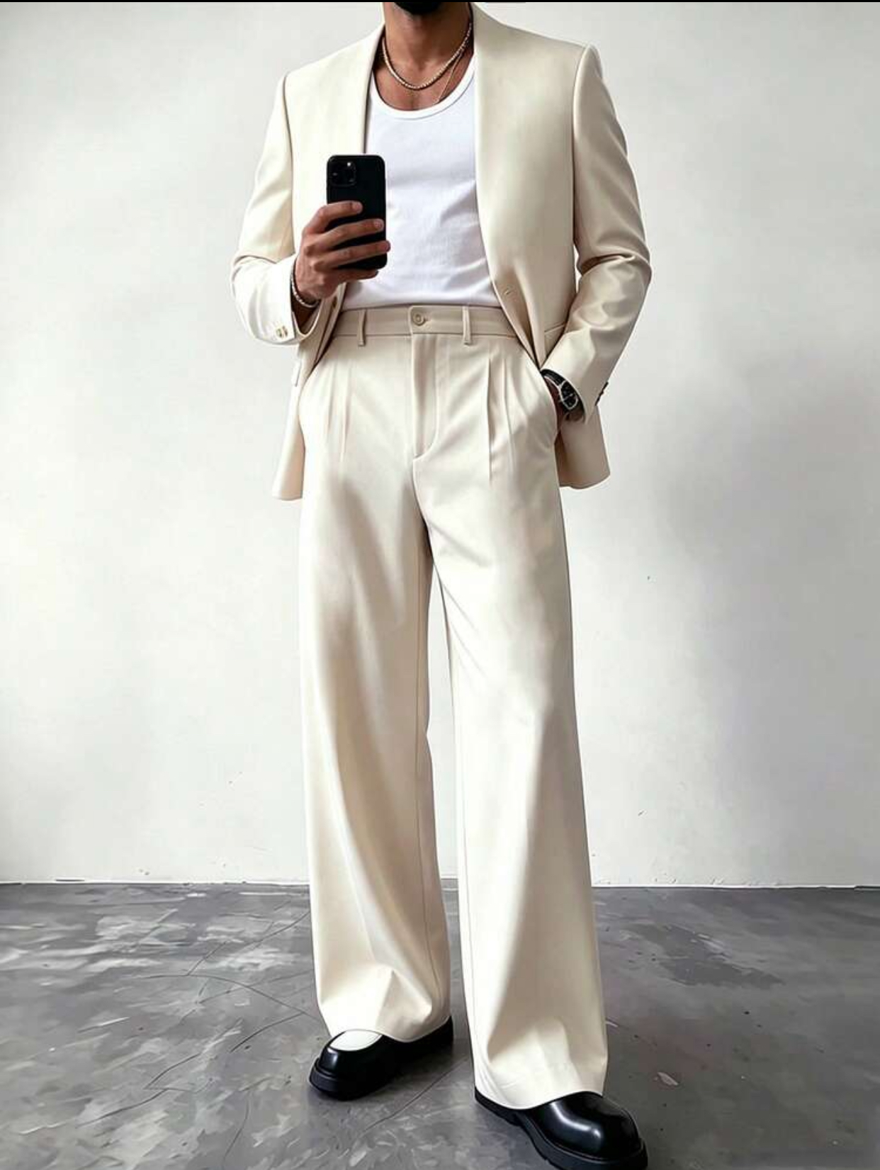 Onitsha Atelier Prestige Collection Men's Premium High-Fashion Cream White Shawl Lapel Single-Breasted Blazer and Ultra Wide-Leg Pleated Trousers Two-Piece Tailored Suit Set 2