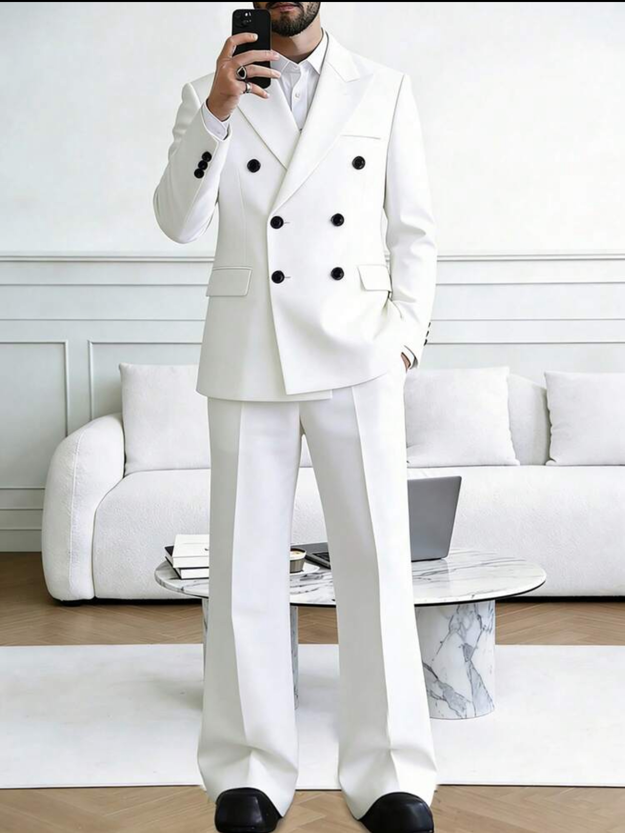 Onitsha Atelier Signature Series Men's Premium High-Fashion Crisp White Double-Breasted Blazer with Contrast Black Buttons and Wide-Leg Pleated Trousers Two-Piece Tailored Suit Set