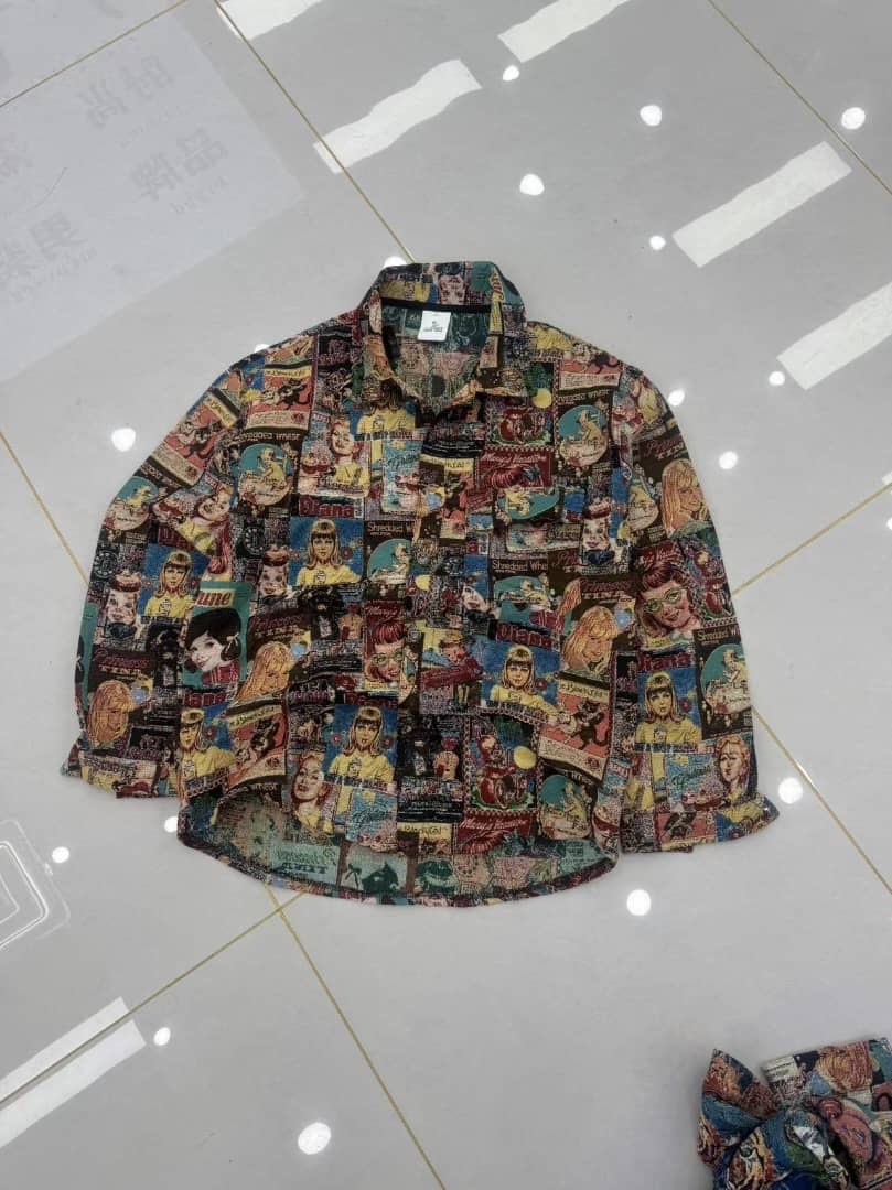 Vintage-Style Heavyweight Tapestry Jacquard Graffiti Pop-Art Graphic Typography Print Long-Sleeve Button-Down Collared Streetwear Overshirt 2