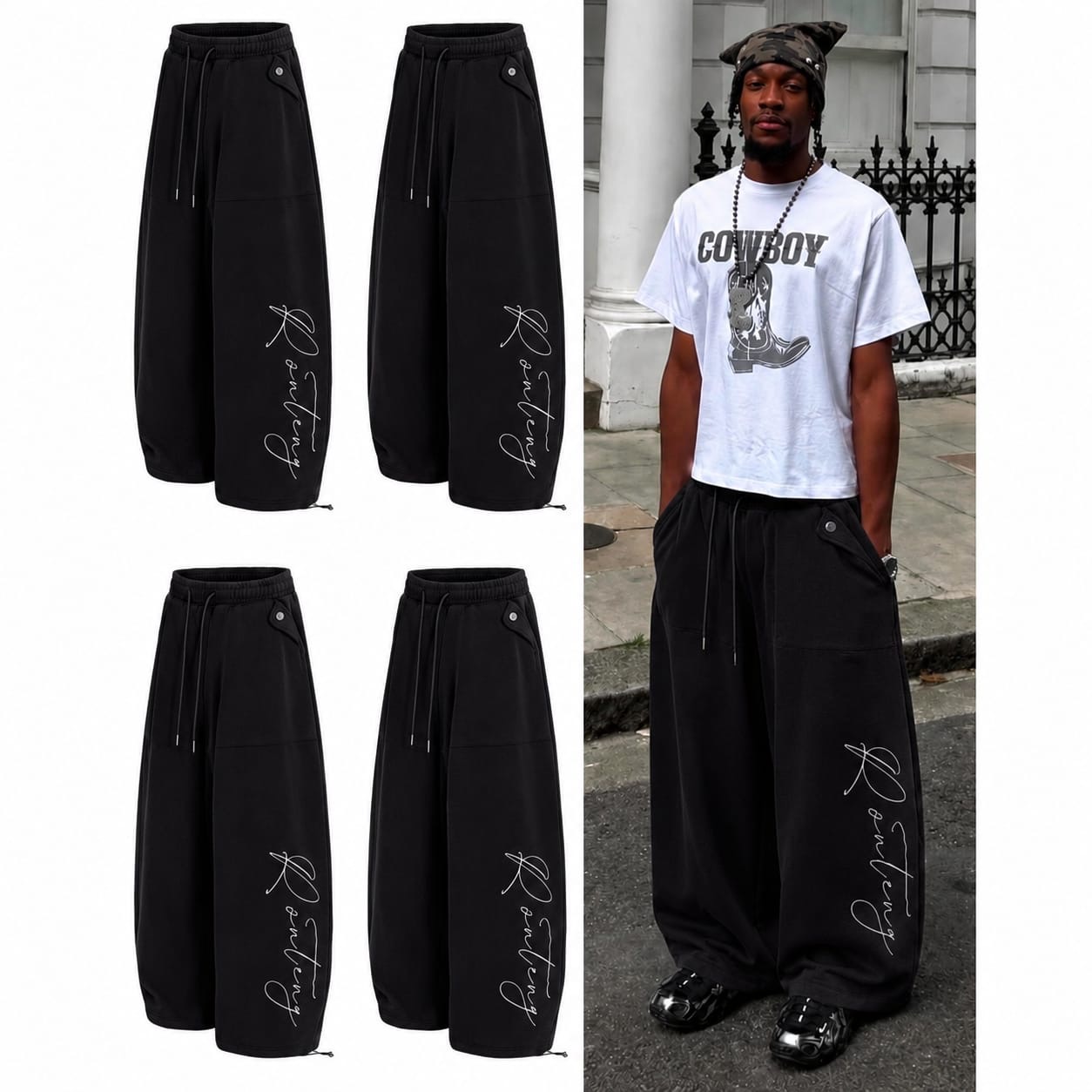 Onitsha Atelier Prestige Collection Urban Y2K Grunge Aesthetic Ultra-Wide-Leg Baggy Cargo Sweatpants with Cursive Script Embroidery and Adjustable Drawstring Cuffs