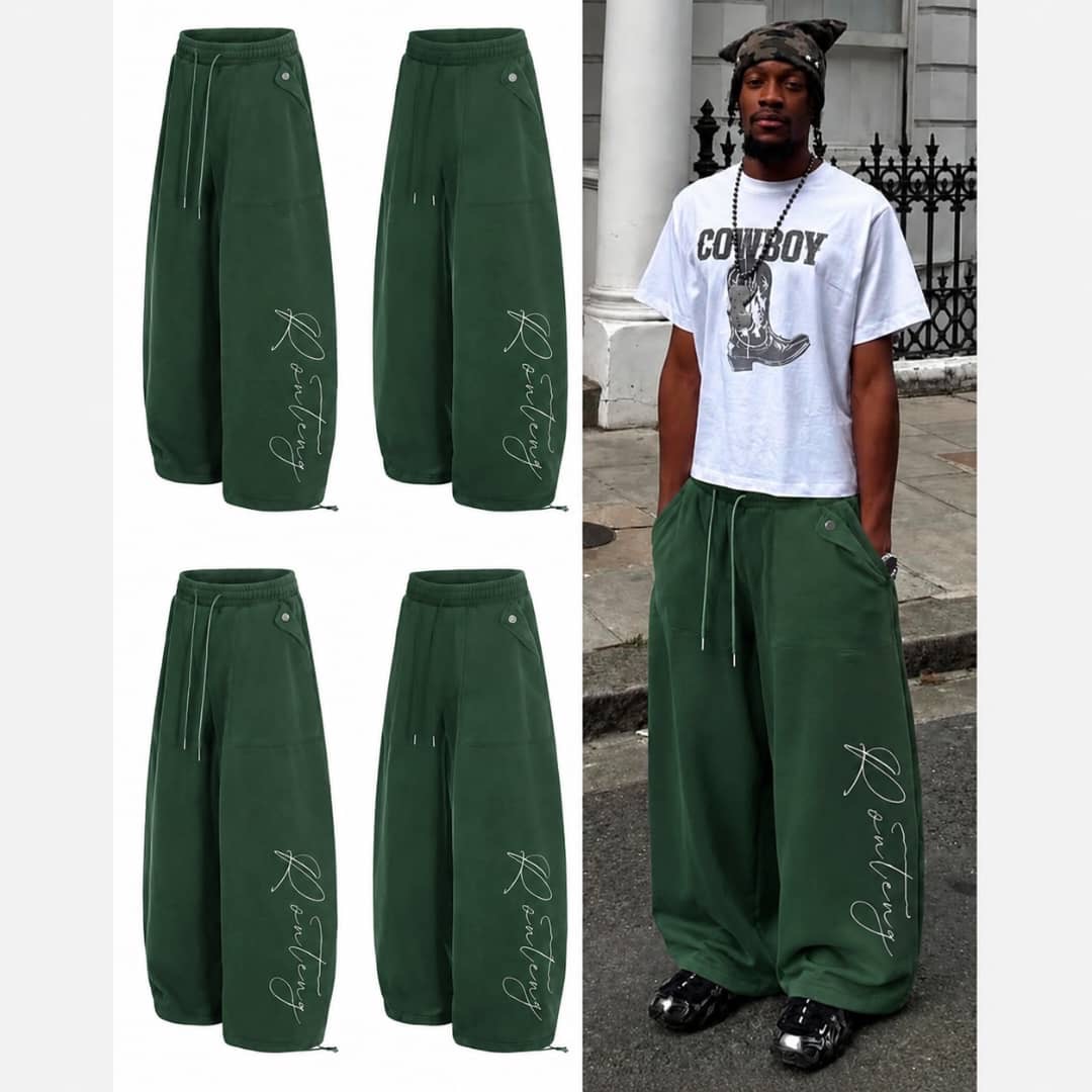 Onitsha Atelier Prestige Collection Urban Y2K Grunge Aesthetic Ultra-Wide-Leg Baggy Cargo Sweatpants with Cursive Script Embroidery and Adjustable Drawstring Cuffs 2
