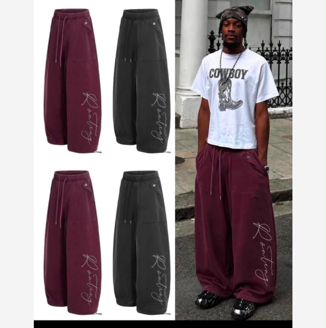 Onitsha Atelier Prestige Collection Urban Y2K Grunge Aesthetic Ultra-Wide-Leg Baggy Cargo Sweatpants with Cursive Script Embroidery and Adjustable Drawstring Cuffs 3