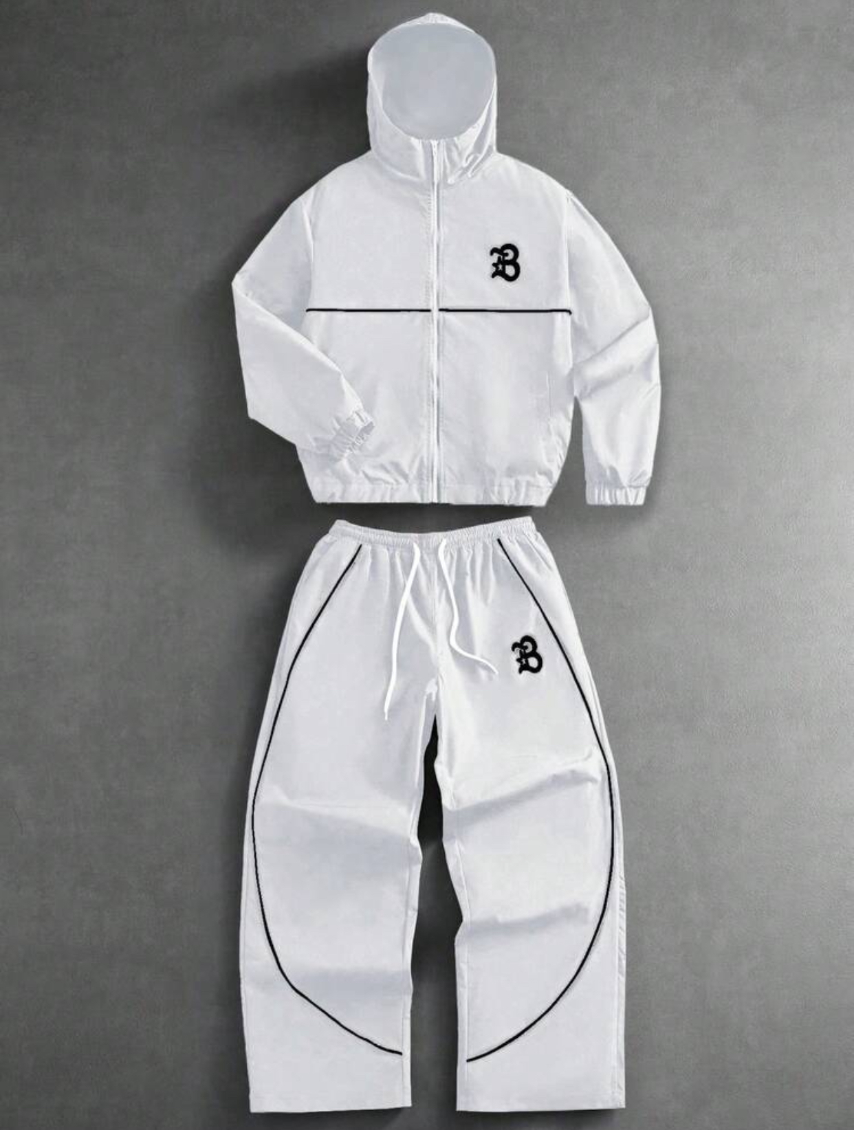 Deep Slate Blue Weather-Resistant Functional Hooded Windbreaker Utility Jacket and Relaxed Baggy Track Pants Athleisure Tracksuit Set Featuring Minimalist White Contour Piping Accents and Stylized Old English Varsity Letter "B" Monogram Logo 3