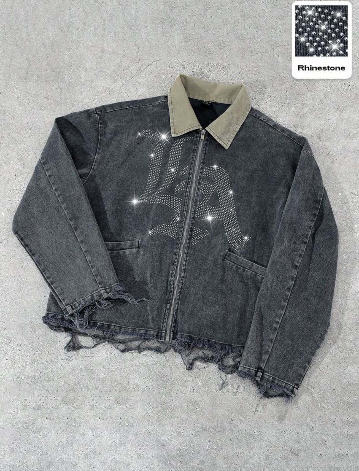 Vintage Distressed Faded Black Wash Denim Zip-Up Work Jacket with an Olive Green Corduroy Contrast Collar, Raw Frayed Hemline, and a Centered Oversized