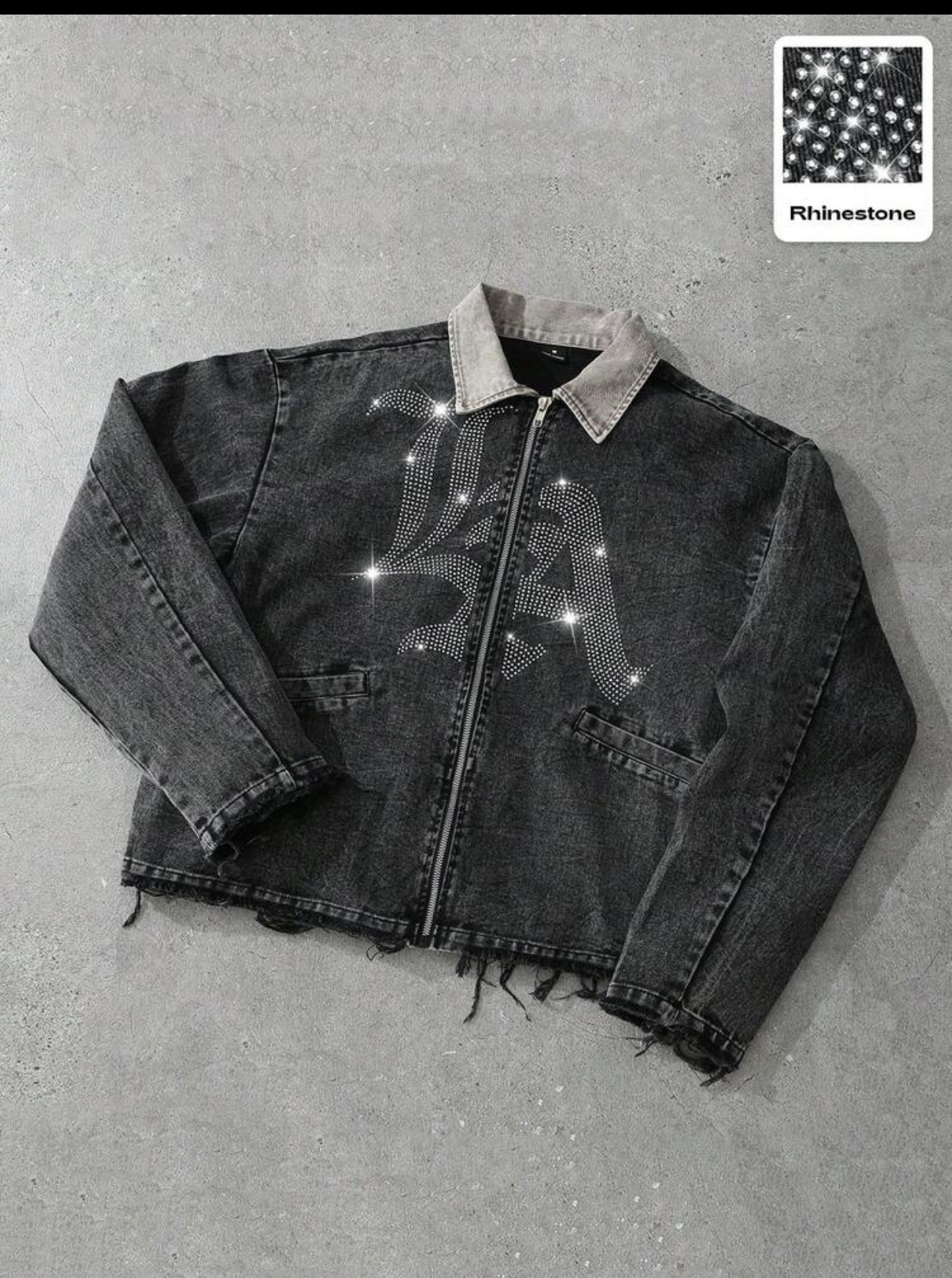 Vintage Distressed Faded Black Wash Denim Zip-Up Work Jacket with an Olive Green Corduroy Contrast Collar, Raw Frayed Hemline, and a Centered Oversized 3