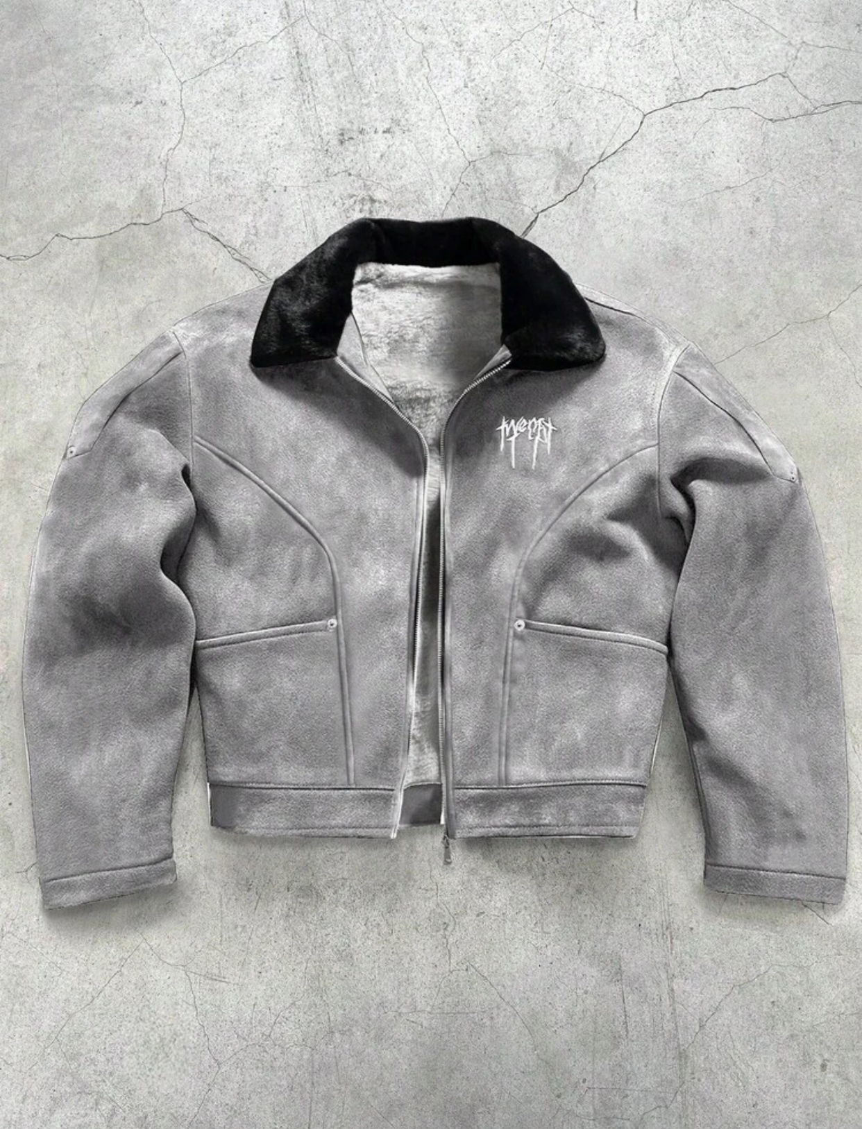 Heavyweight Distressed Sage Green Faux-Suede Sherpa-Lined Aviator Jacket Featuring a Plush Faux-Fur Black Collar, Accent Panel Stitching, and Gothic Metal-Inspired White Embroidered Chest Monogram 2