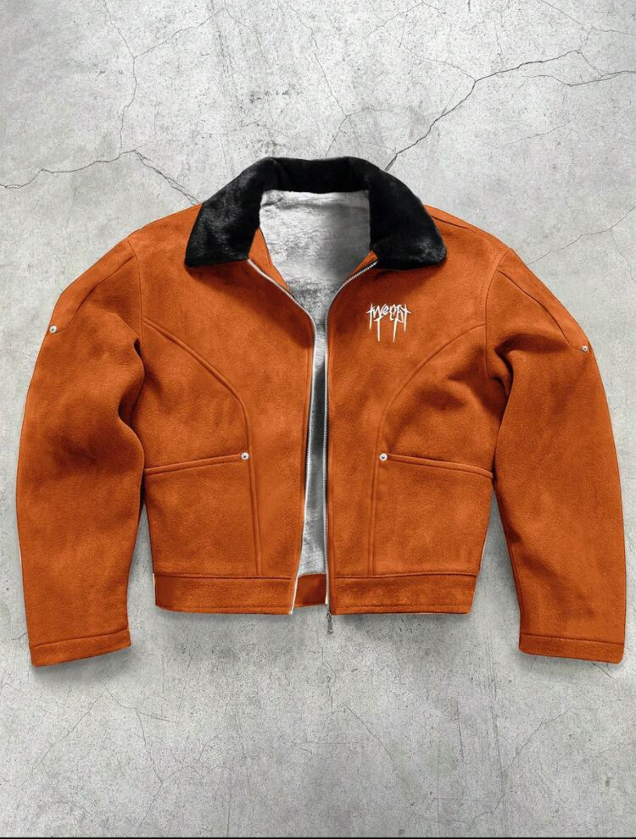 Heavyweight Distressed Sage Green Faux-Suede Sherpa-Lined Aviator Jacket Featuring a Plush Faux-Fur Black Collar, Accent Panel Stitching, and Gothic Metal-Inspired White Embroidered Chest Monogram 3