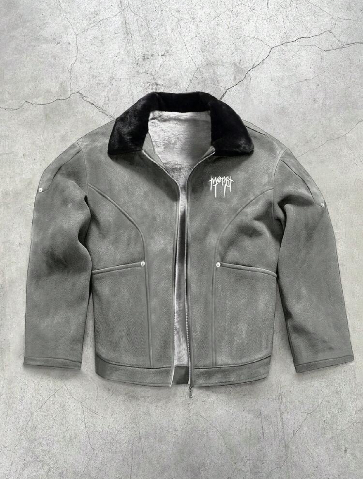 Heavyweight Distressed Sage Green Faux-Suede Sherpa-Lined Aviator Jacket Featuring a Plush Faux-Fur Black Collar, Accent Panel Stitching, and Gothic Metal-Inspired White Embroidered Chest Monogram