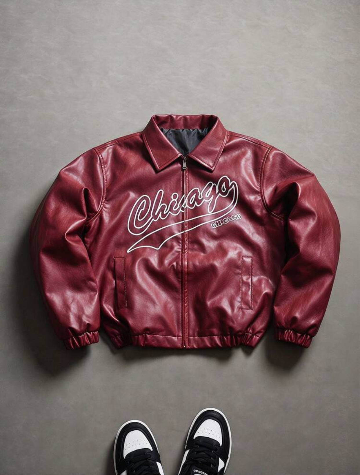 Retro Collegiate Burgundy Red Faux-Leather Blouson Bomber Jacket Featuring an Elasticized Hem and Cuffs, Classic Pointed Collar, and Bold White Script "Chicago" Varsity Twill Graphic Lettering