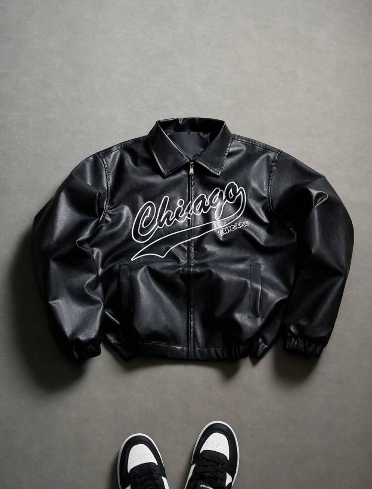 Retro Collegiate Burgundy Red Faux-Leather Blouson Bomber Jacket Featuring an Elasticized Hem and Cuffs, Classic Pointed Collar, and Bold White Script "Chicago" Varsity Twill Graphic Lettering 2