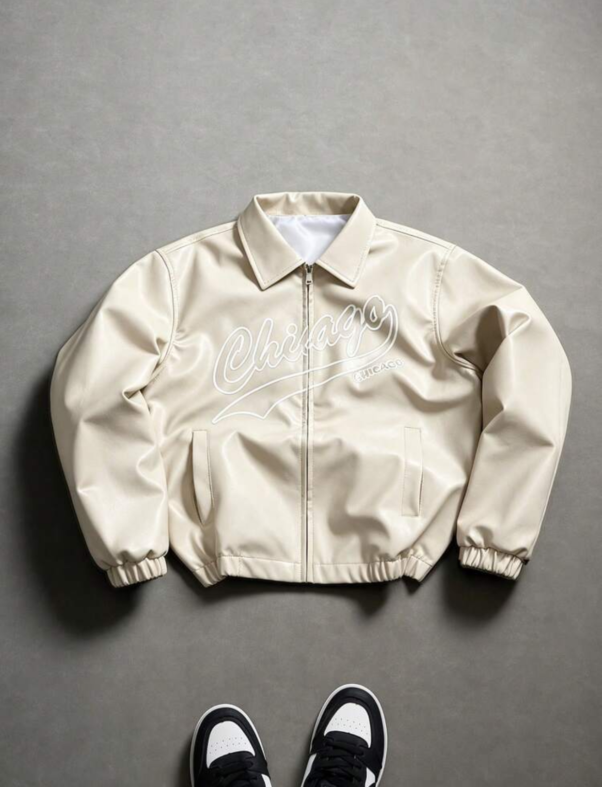 Retro Collegiate Burgundy Red Faux-Leather Blouson Bomber Jacket Featuring an Elasticized Hem and Cuffs, Classic Pointed Collar, and Bold White Script "Chicago" Varsity Twill Graphic Lettering 3