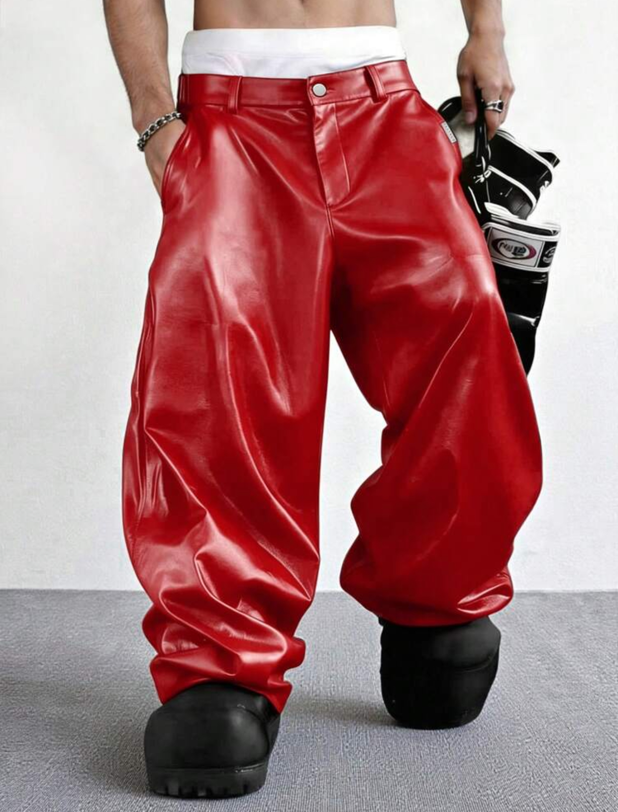 Statement Cherry Red Heavyweight Faux-Leather Ultra Wide-Leg Slouchy Trousers Featuring an Elasticized Gathering Waistband with Stitched Belt Loops and an Oversized Pool-Hem Silhouette