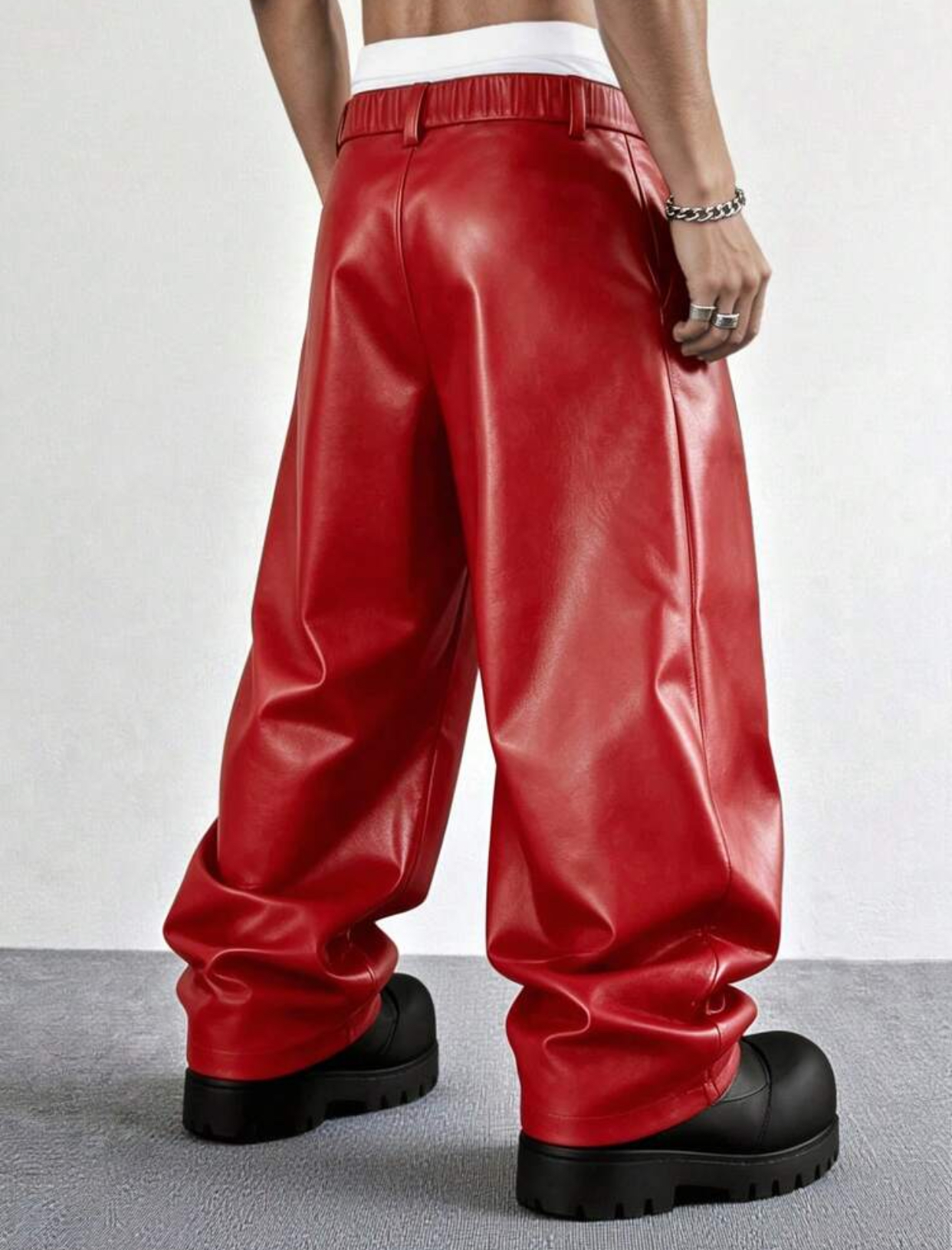 Statement Cherry Red Heavyweight Faux-Leather Ultra Wide-Leg Slouchy Trousers Featuring an Elasticized Gathering Waistband with Stitched Belt Loops and an Oversized Pool-Hem Silhouette 2