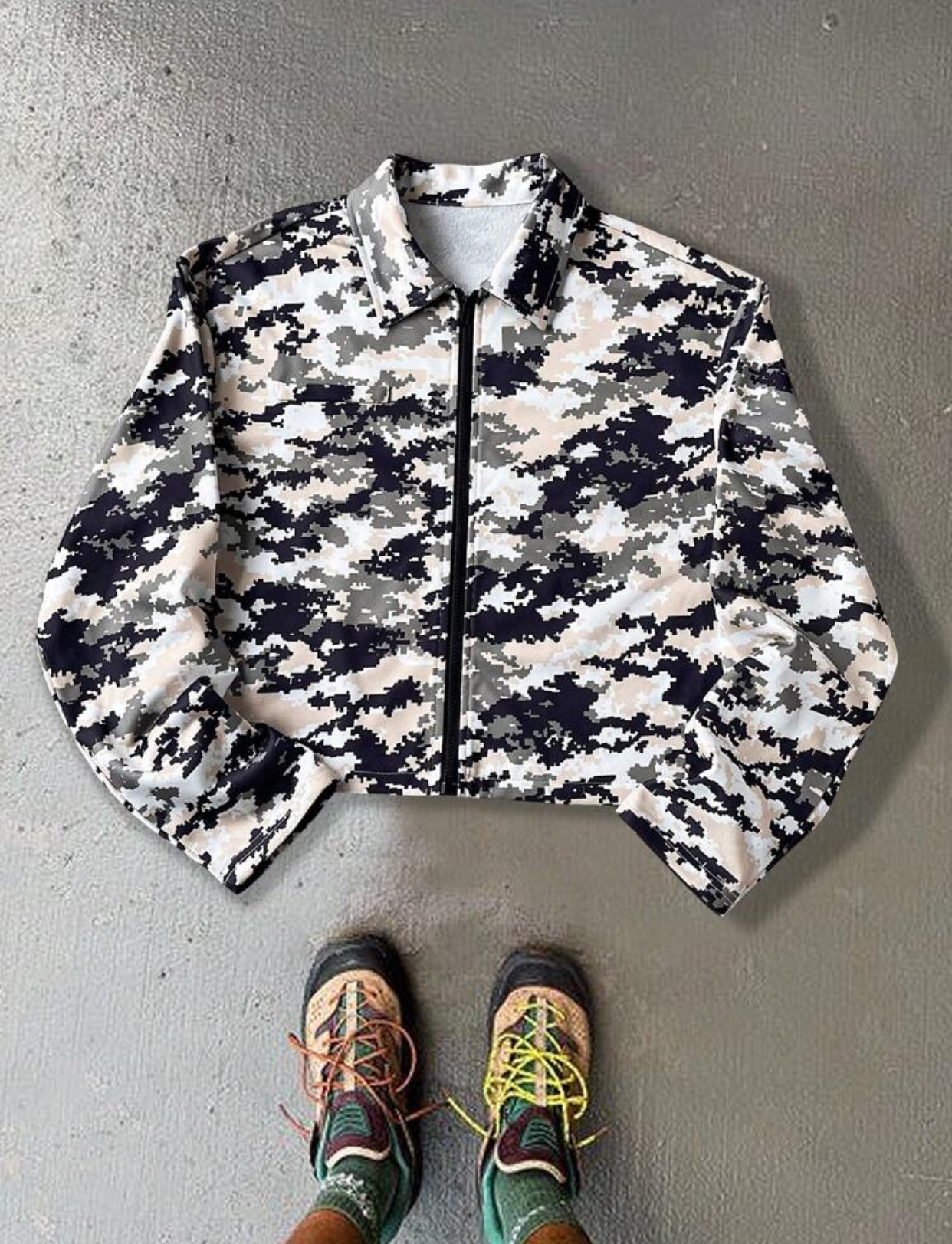 Urban Tactical Digitized Camouflage Cropped Zip-Up Shirt Jacket Featuring an Earthy Sandy Beige, Sage Green, and Charcoal Black Pixelated Pattern with a Classic Pointed Turn-Down Collar