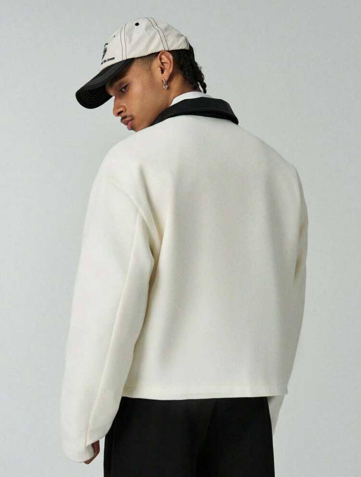 Sophisticated Neo-Classic Off-White Felted Wool-Blend Zip-Up Blouson Jacket Featuring a Contrast Black Faux-Leather Pointed Collar, Asymmetric Zippered Chest Pocket, and Minimalist Square Brand Accent Patch 2