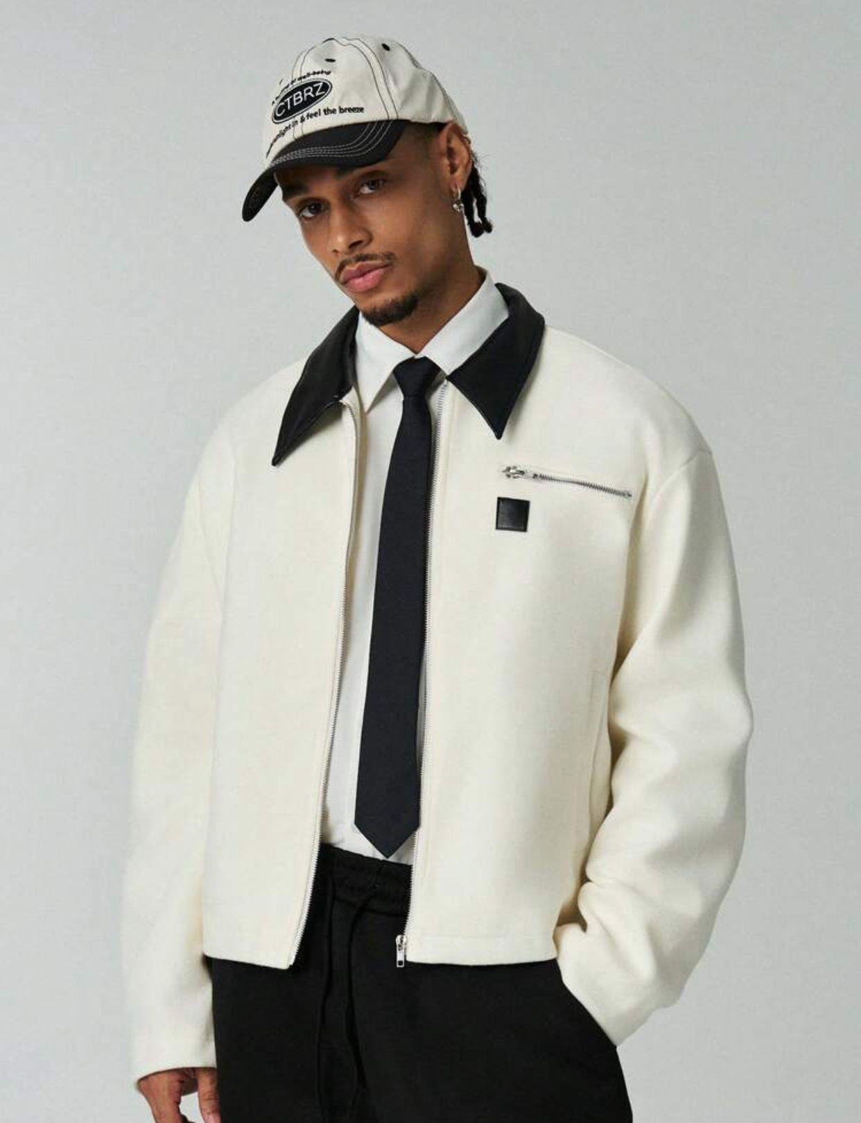 Sophisticated Neo-Classic Off-White Felted Wool-Blend Zip-Up Blouson Jacket Featuring a Contrast Black Faux-Leather Pointed Collar, Asymmetric Zippered Chest Pocket, and Minimalist Square Brand Accent Patch 3
