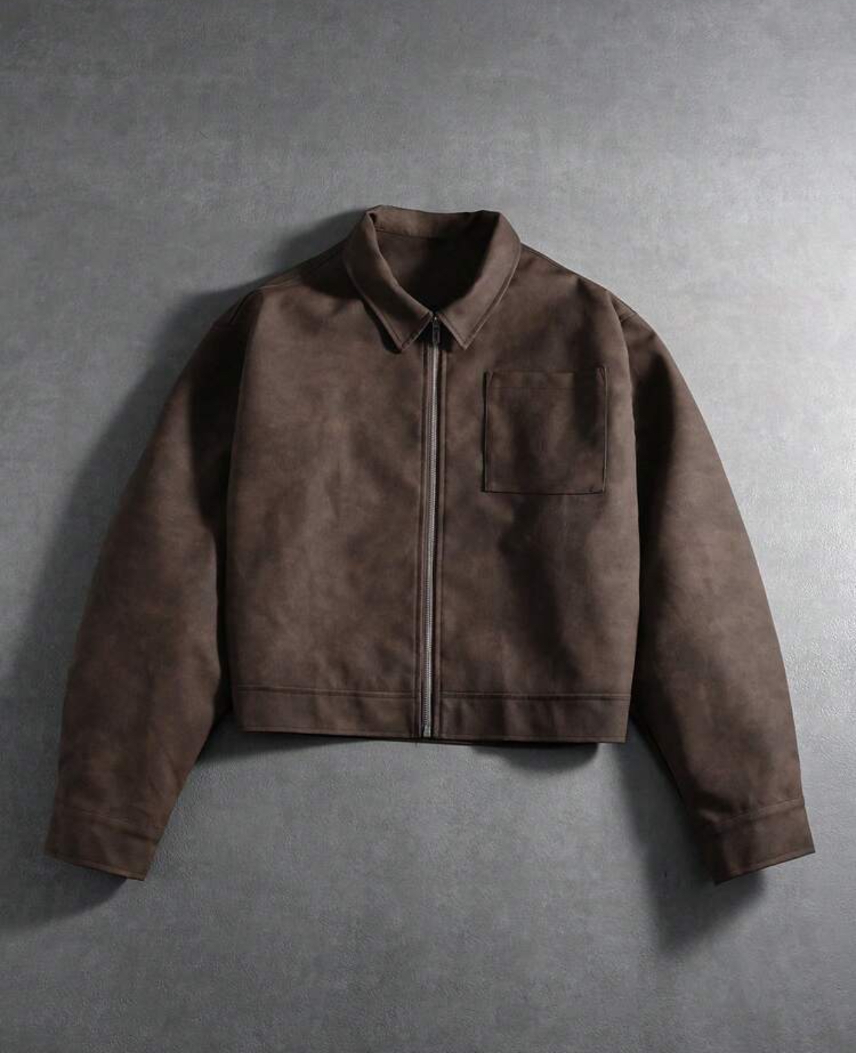 Minimalist Heavyweight Distressed Espresso Brown Suede Boxy Cropped Worker Jacket Configured with a Single Front Square Chest Patch Pocket and Tonal Stitching