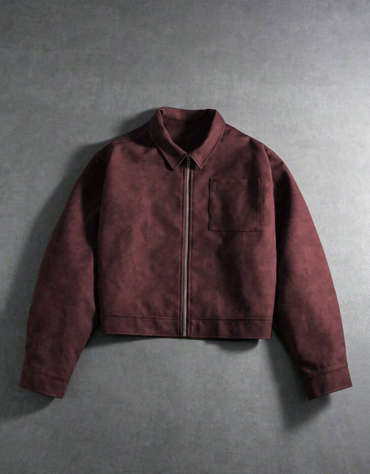 Minimalist Heavyweight Distressed Espresso Brown Suede Boxy Cropped Worker Jacket Configured with a Single Front Square Chest Patch Pocket and Tonal Stitching 2