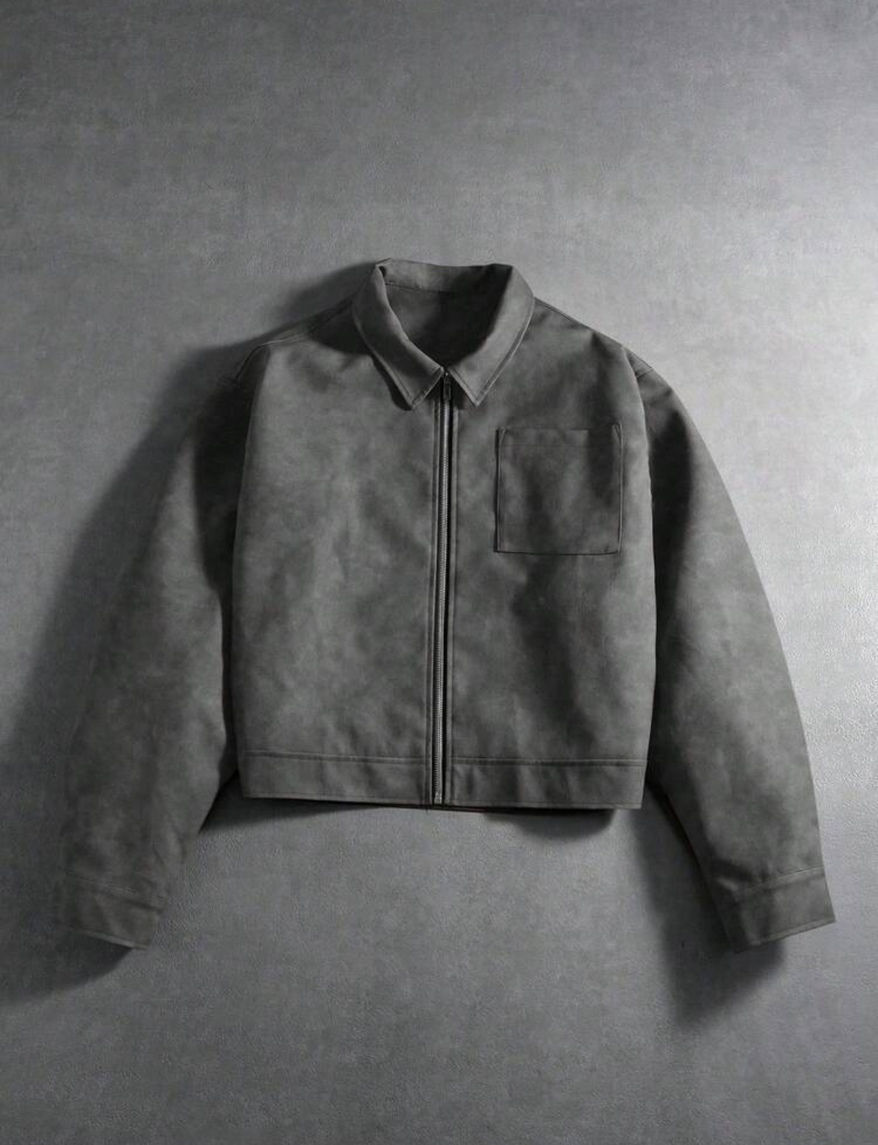 Minimalist Heavyweight Distressed Espresso Brown Suede Boxy Cropped Worker Jacket Configured with a Single Front Square Chest Patch Pocket and Tonal Stitching 3